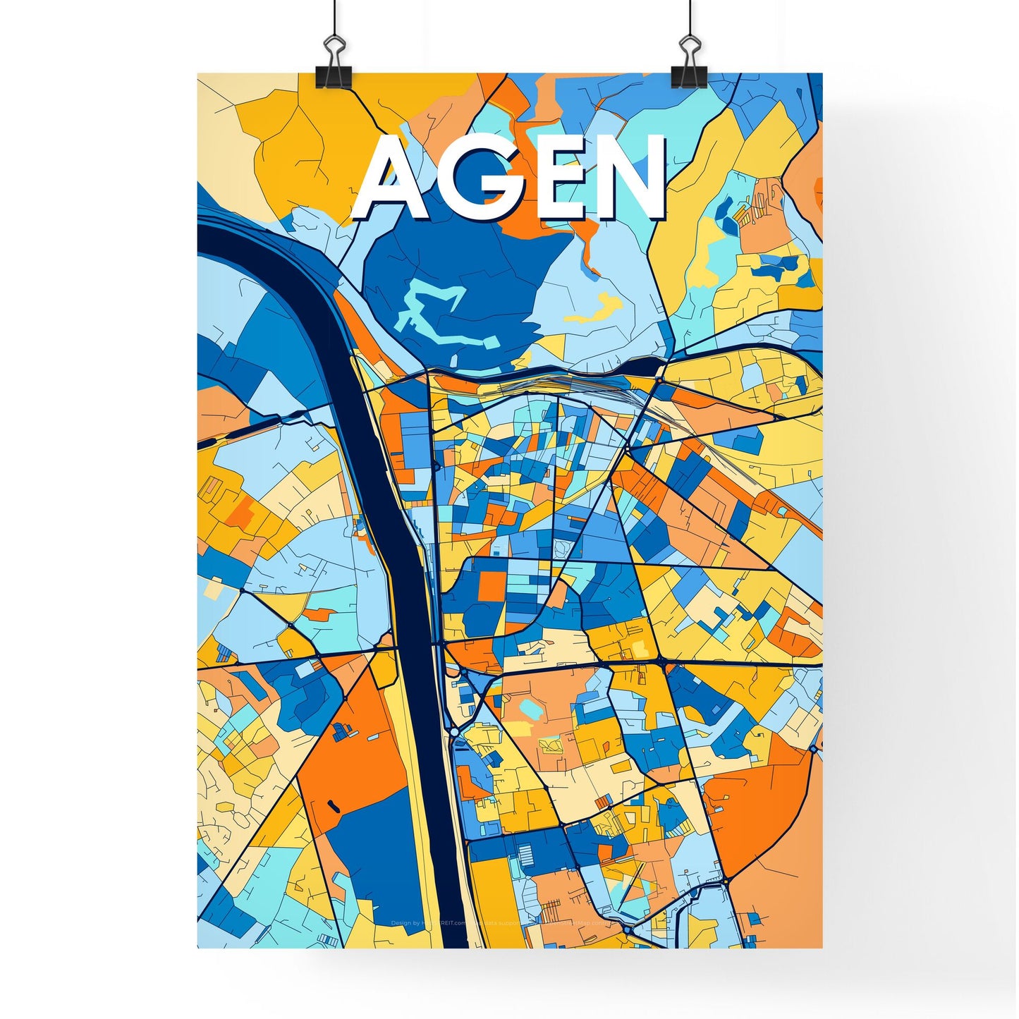 AGEN FRANCE Vibrant Colorful Art Map Poster Blue Orange