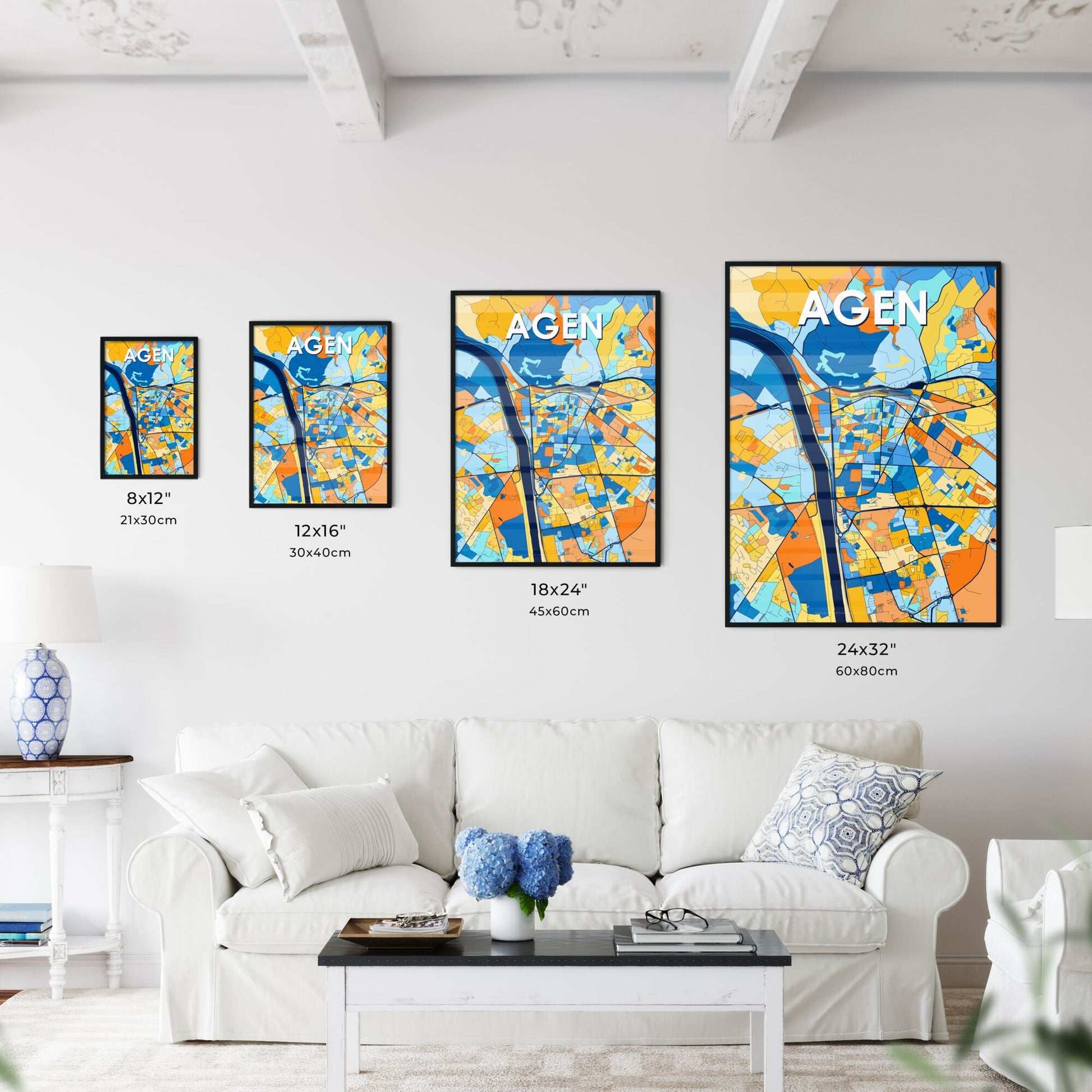 AGEN FRANCE Vibrant Colorful Art Map Poster Blue Orange