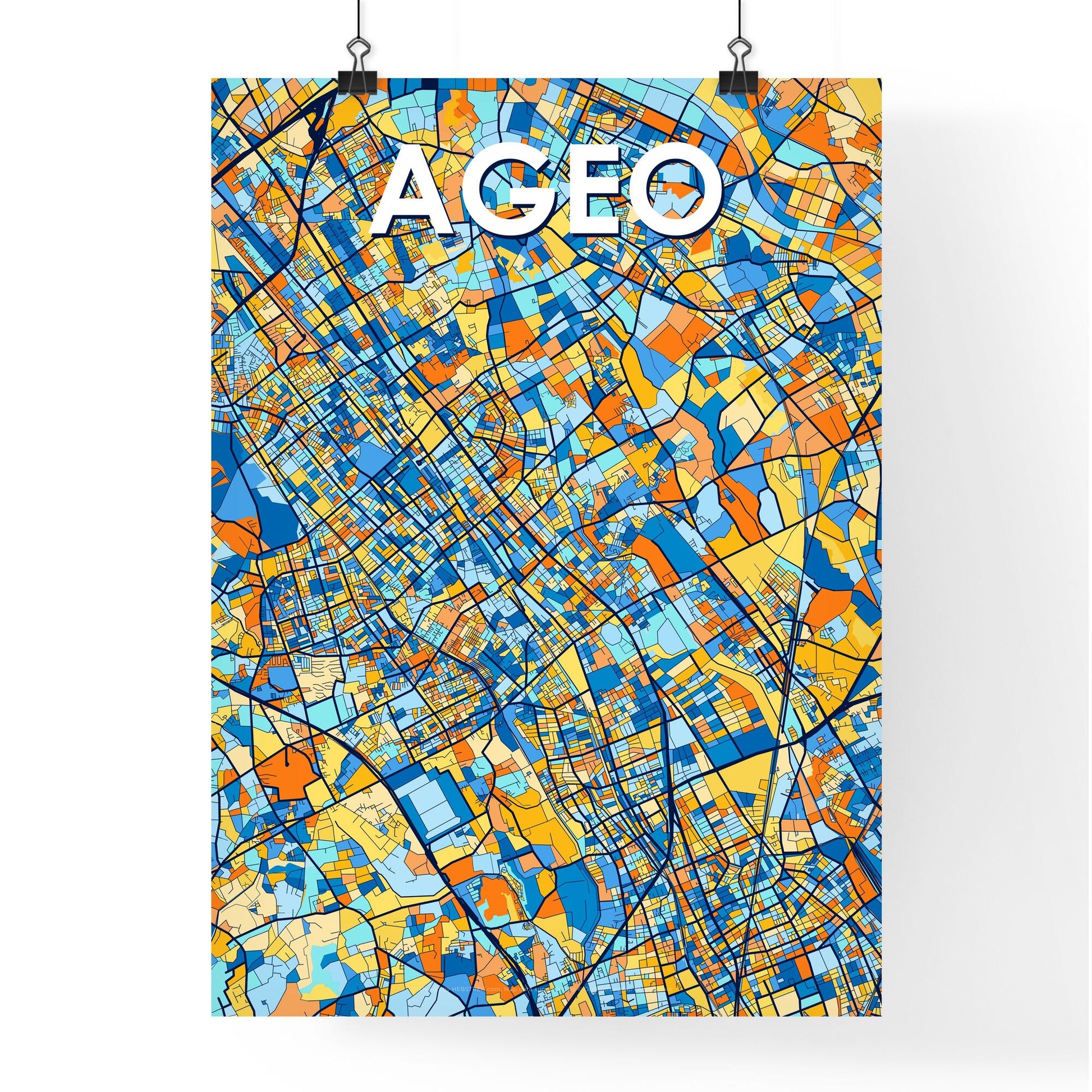 AGEO JAPAN Vibrant Colorful Art Map Poster Blue Orange