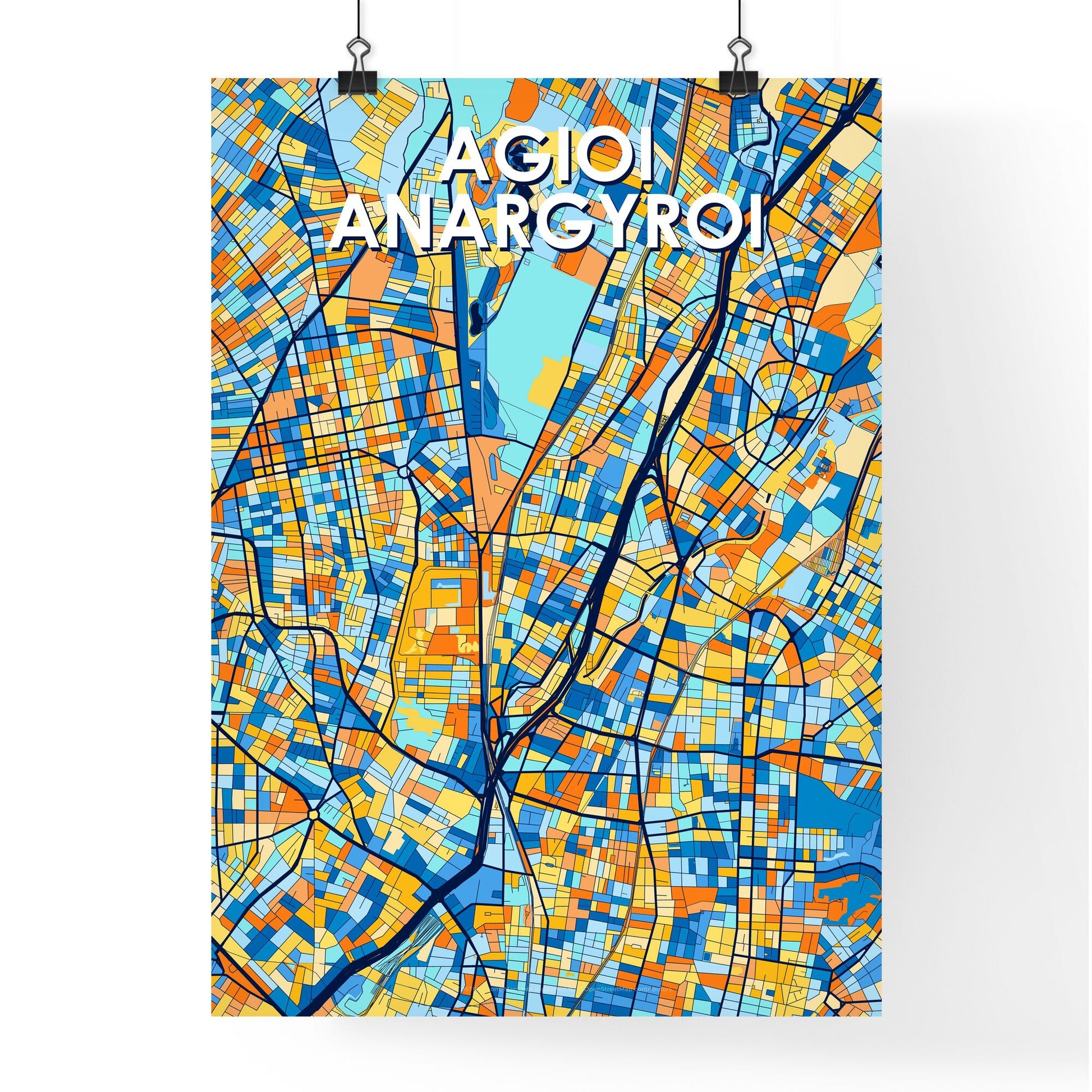 AGIOI ANARGYROI GREECE Vibrant Colorful Art Map Poster Blue Orange