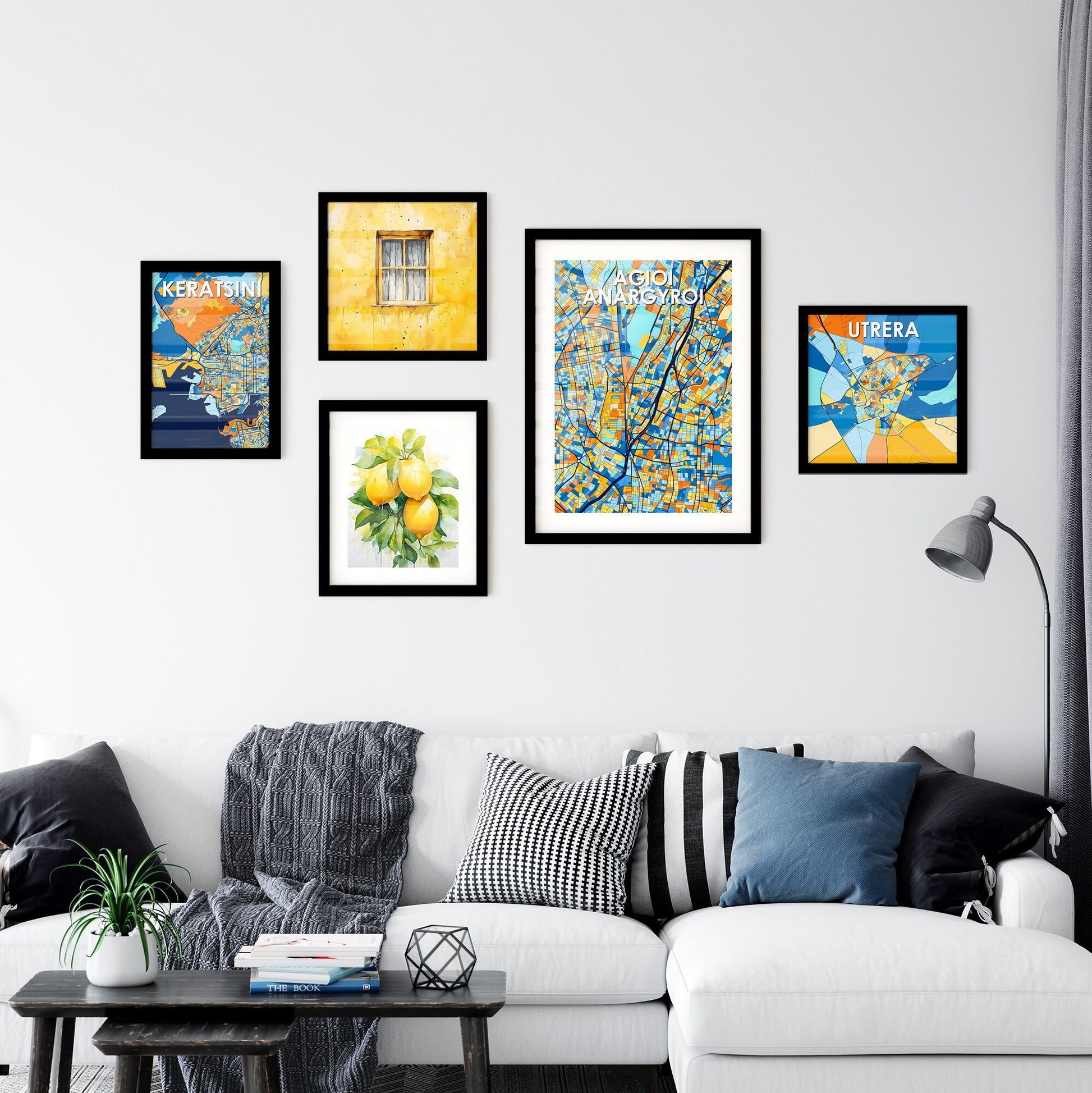 AGIOI ANARGYROI GREECE Vibrant Colorful Art Map Poster Blue Orange