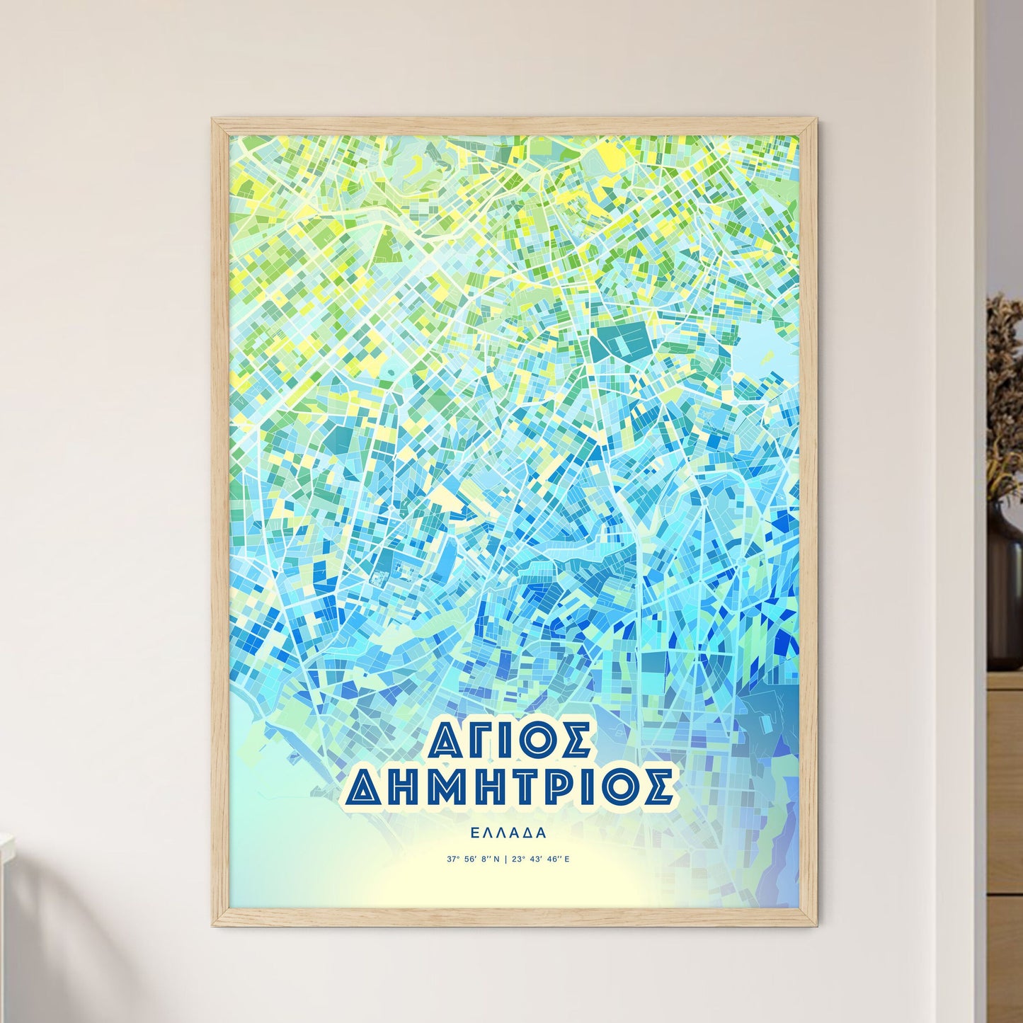 Colorful Agios Dimitrios Greece Fine Art Map Cool Blue