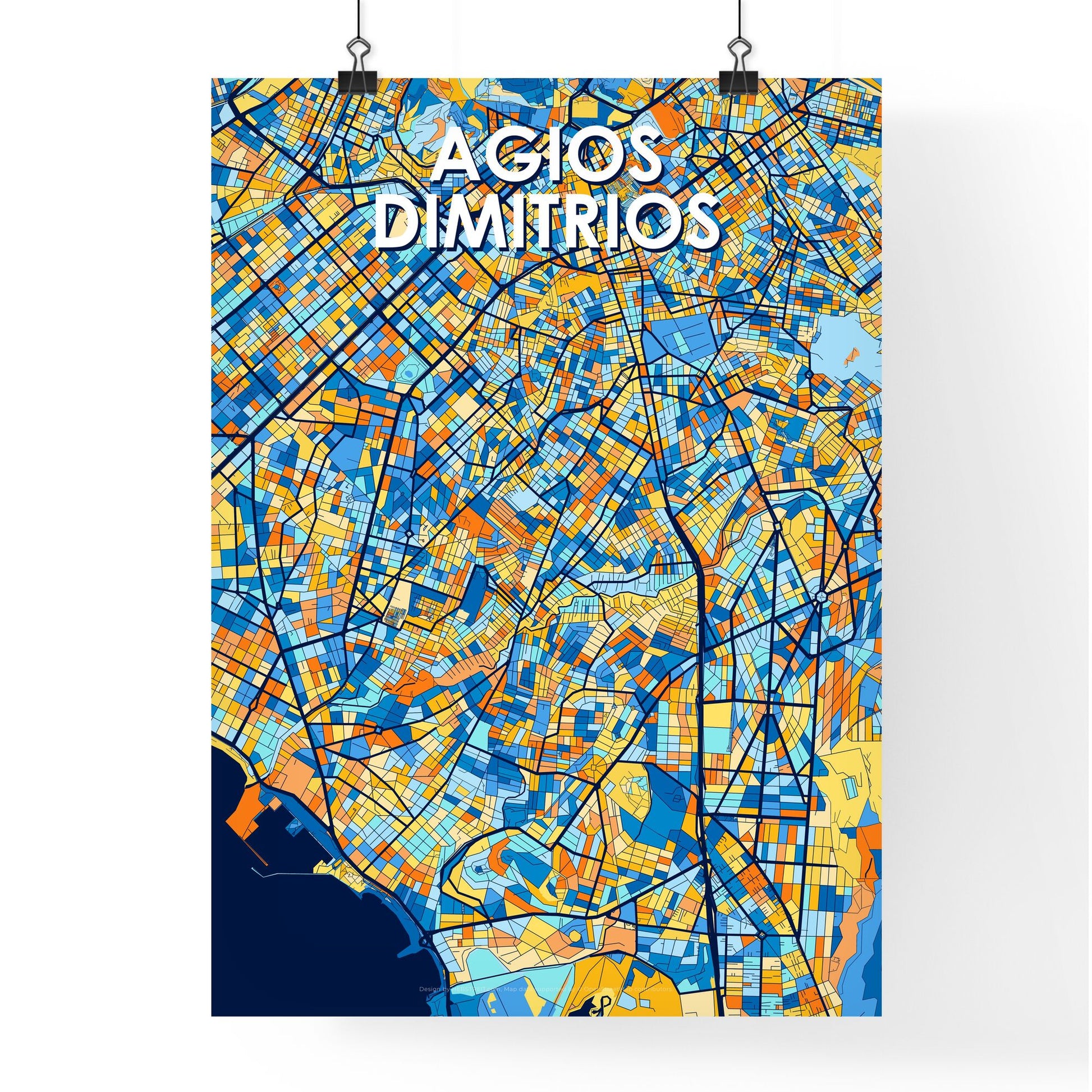 AGIOS DIMITRIOS GREECE Vibrant Colorful Art Map Poster Blue Orange