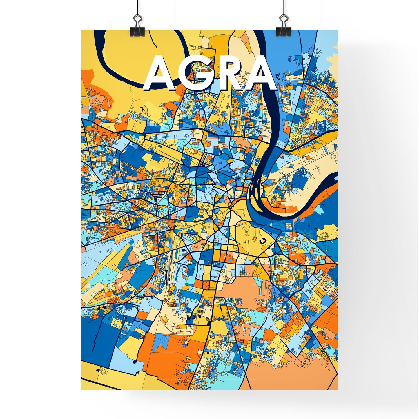 AGRA INDIA Vibrant Colorful Art Map Poster Blue Orange