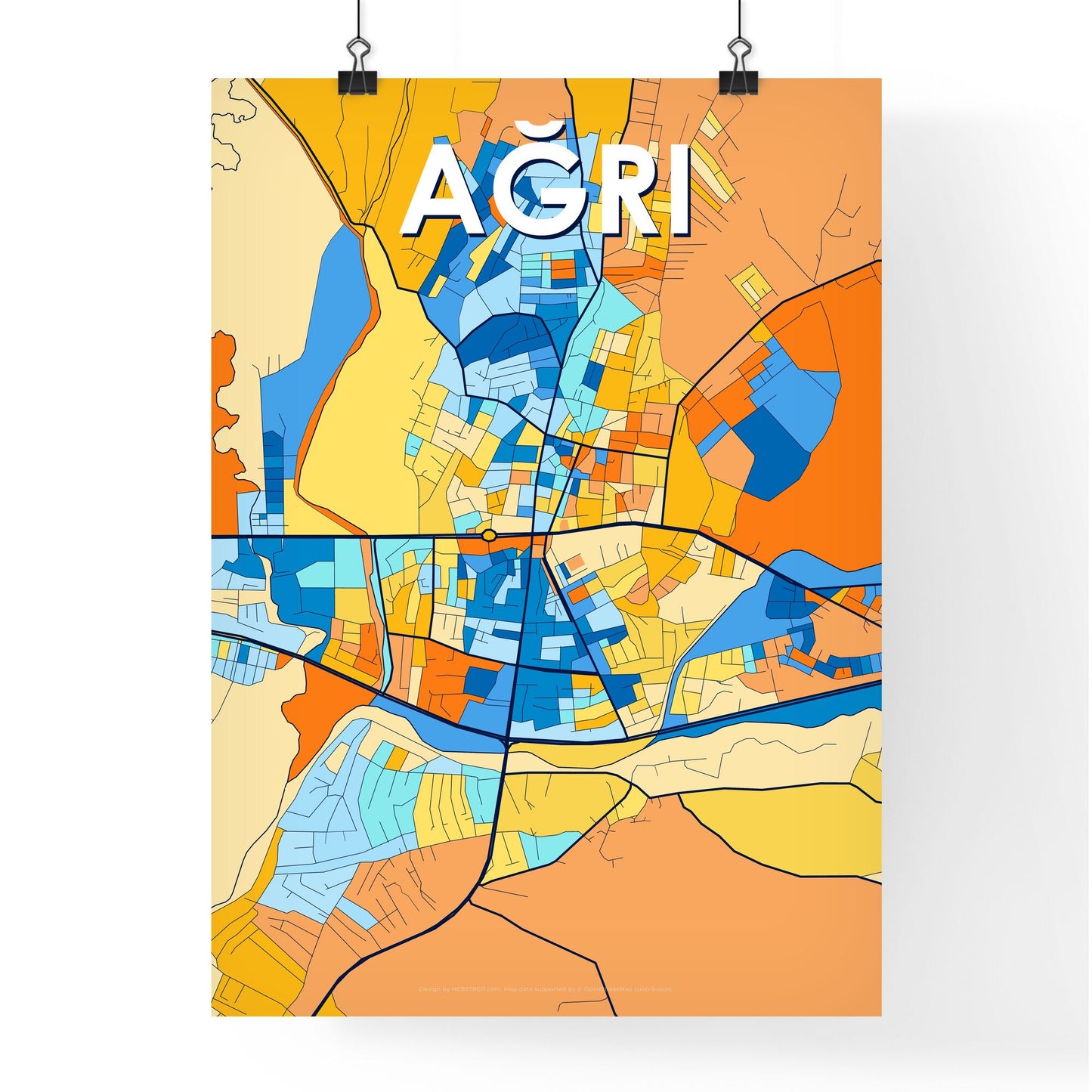 AĞRI TURKEY Vibrant Colorful Art Map Poster Blue Orange