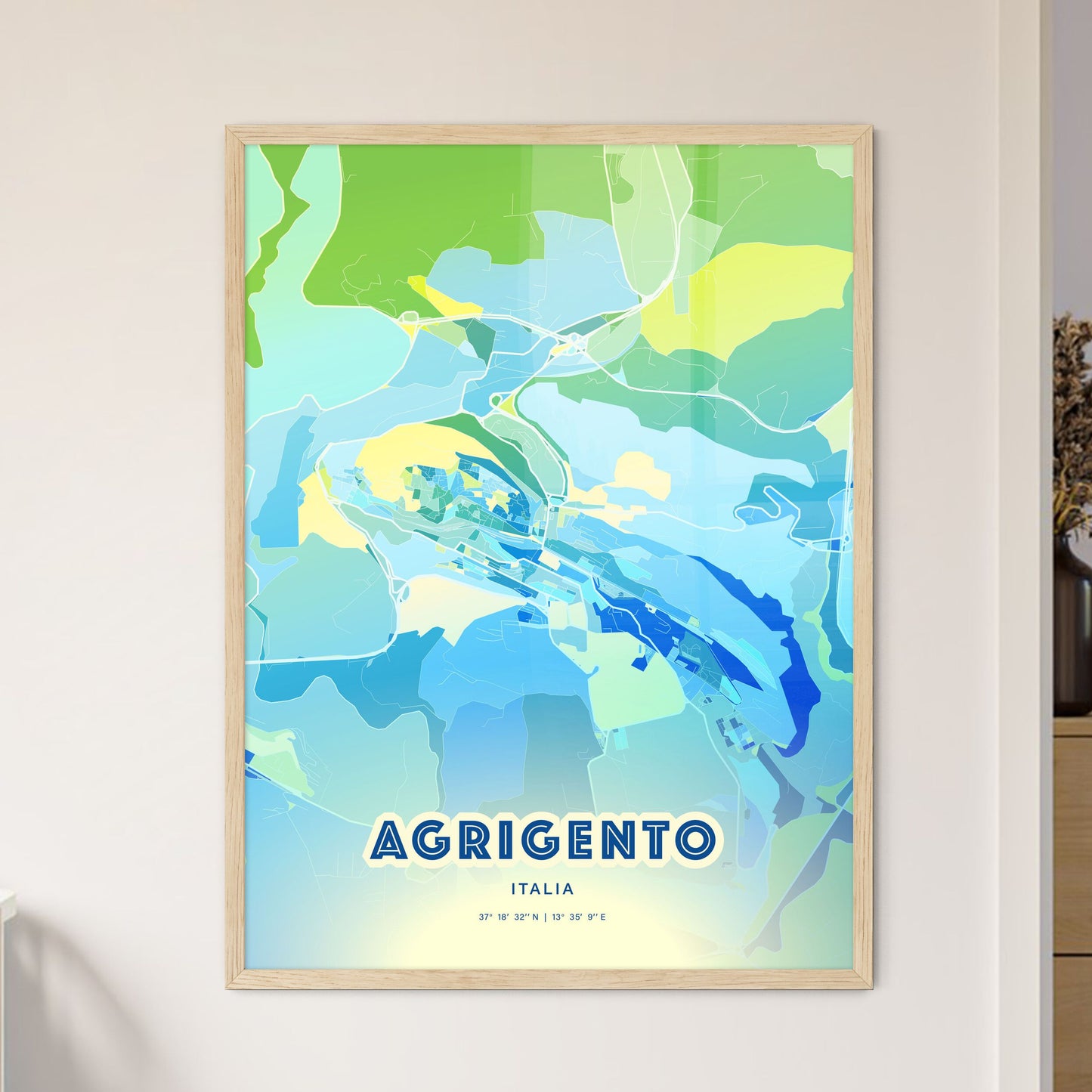 Colorful Agrigento Italy Fine Art Map Cool Blue