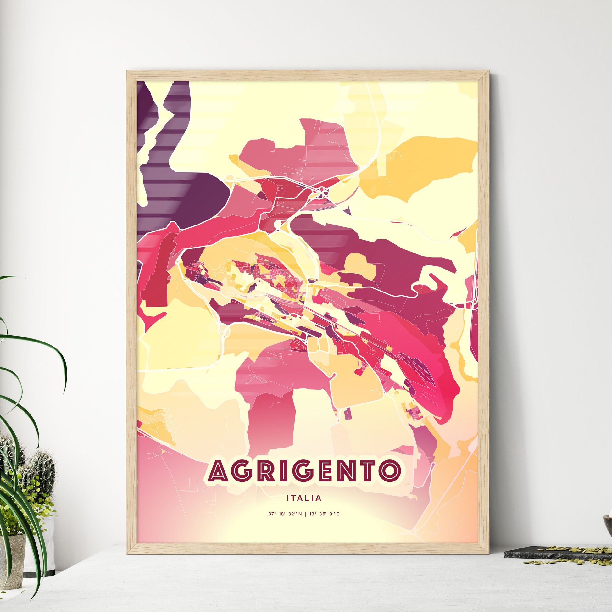 Colorful Agrigento Italy Fine Art Map Hot Red