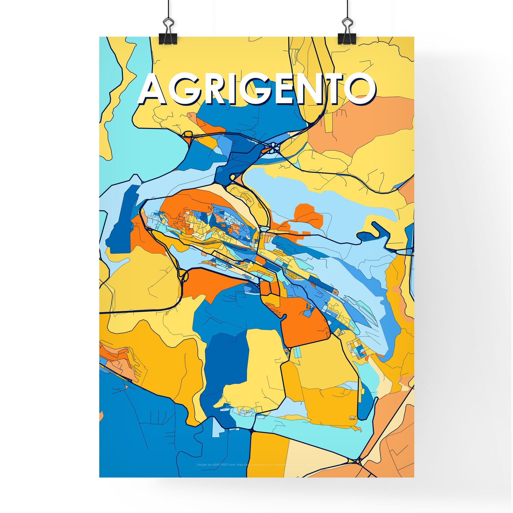 AGRIGENTO ITALY Vibrant Colorful Art Map Poster Blue Orange