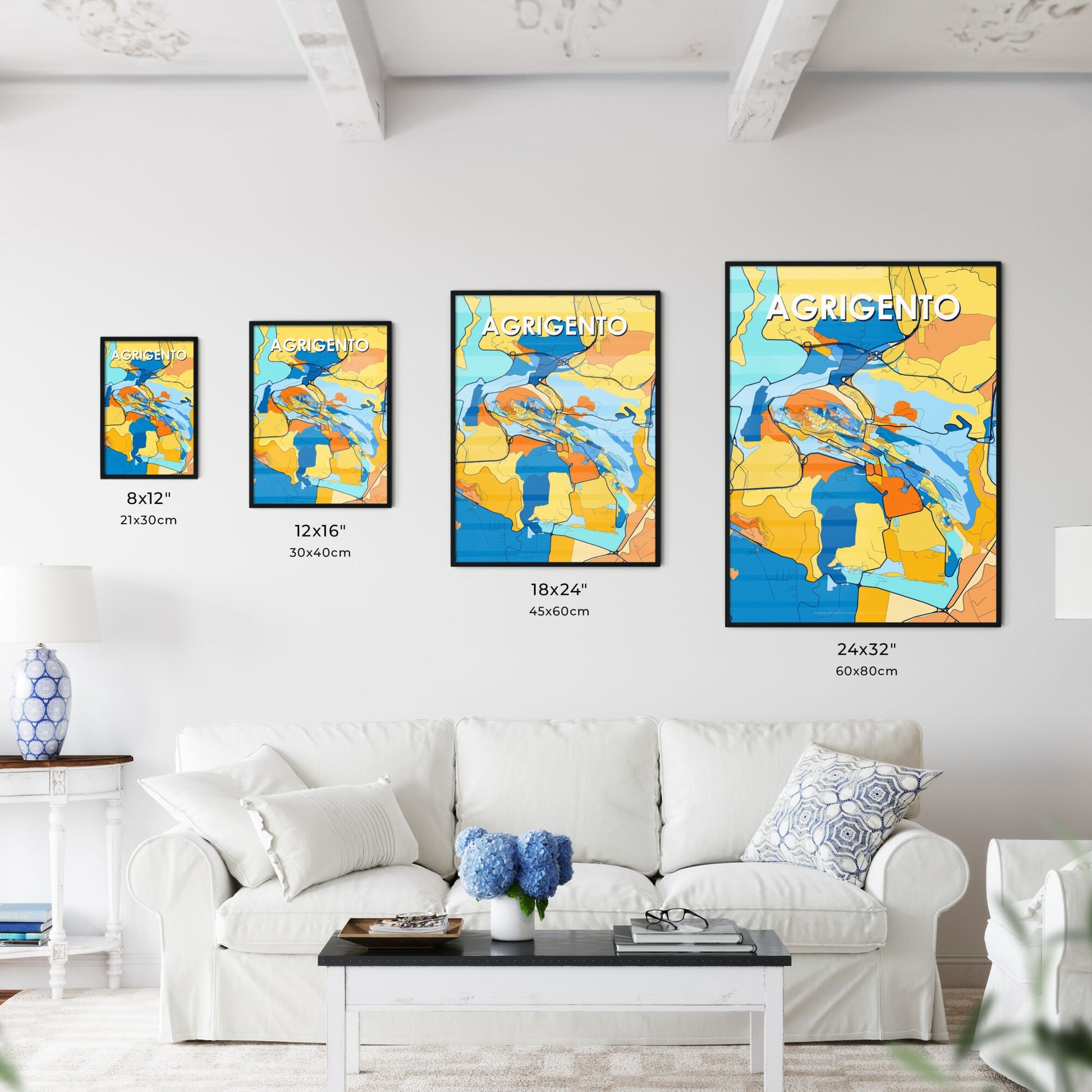 AGRIGENTO ITALY Vibrant Colorful Art Map Poster Blue Orange