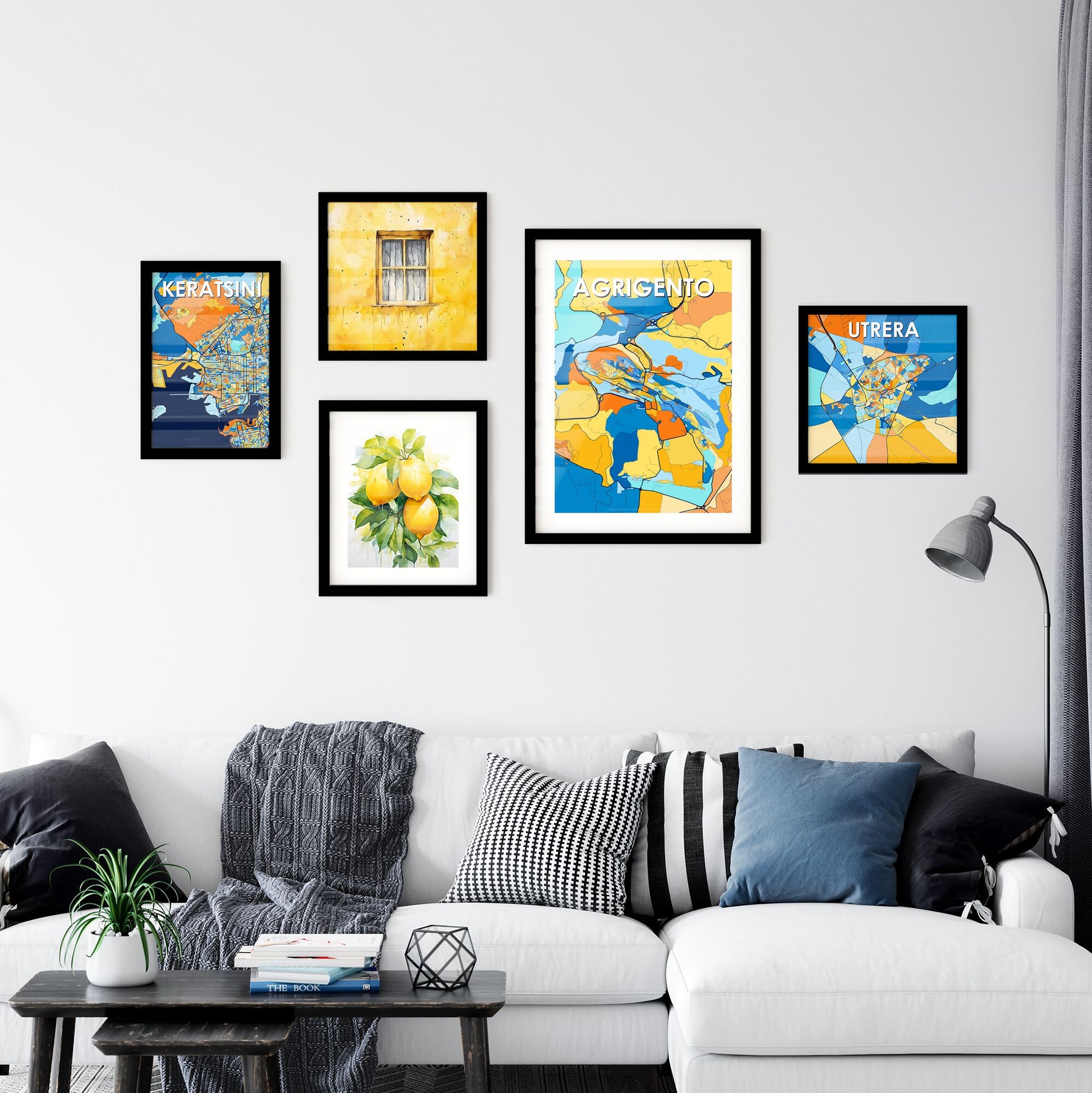 AGRIGENTO ITALY Vibrant Colorful Art Map Poster Blue Orange