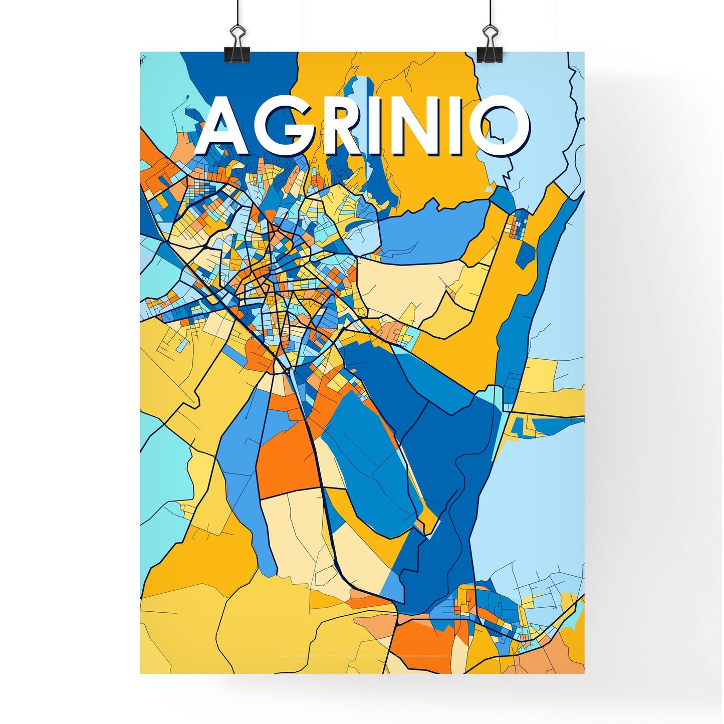 AGRINIO GREECE Vibrant Colorful Art Map Poster Blue Orange