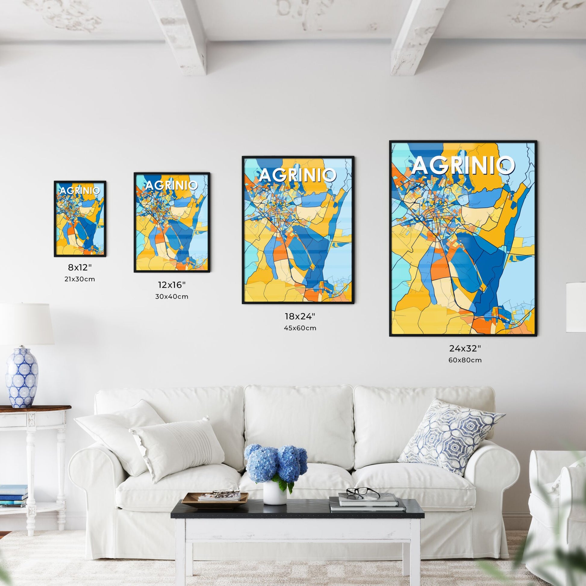 AGRINIO GREECE Vibrant Colorful Art Map Poster Blue Orange