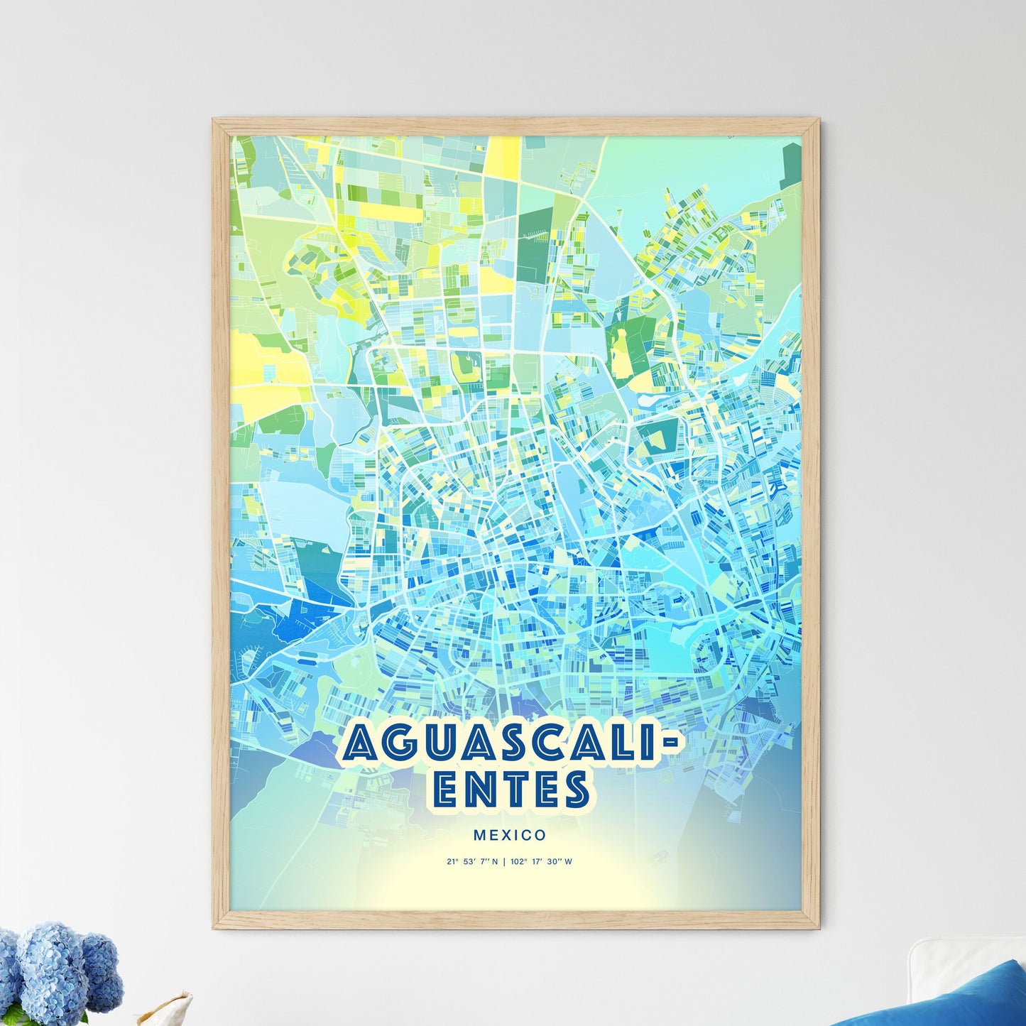 Colorful Aguascalientes Mexico Fine Art Map Cool Blue