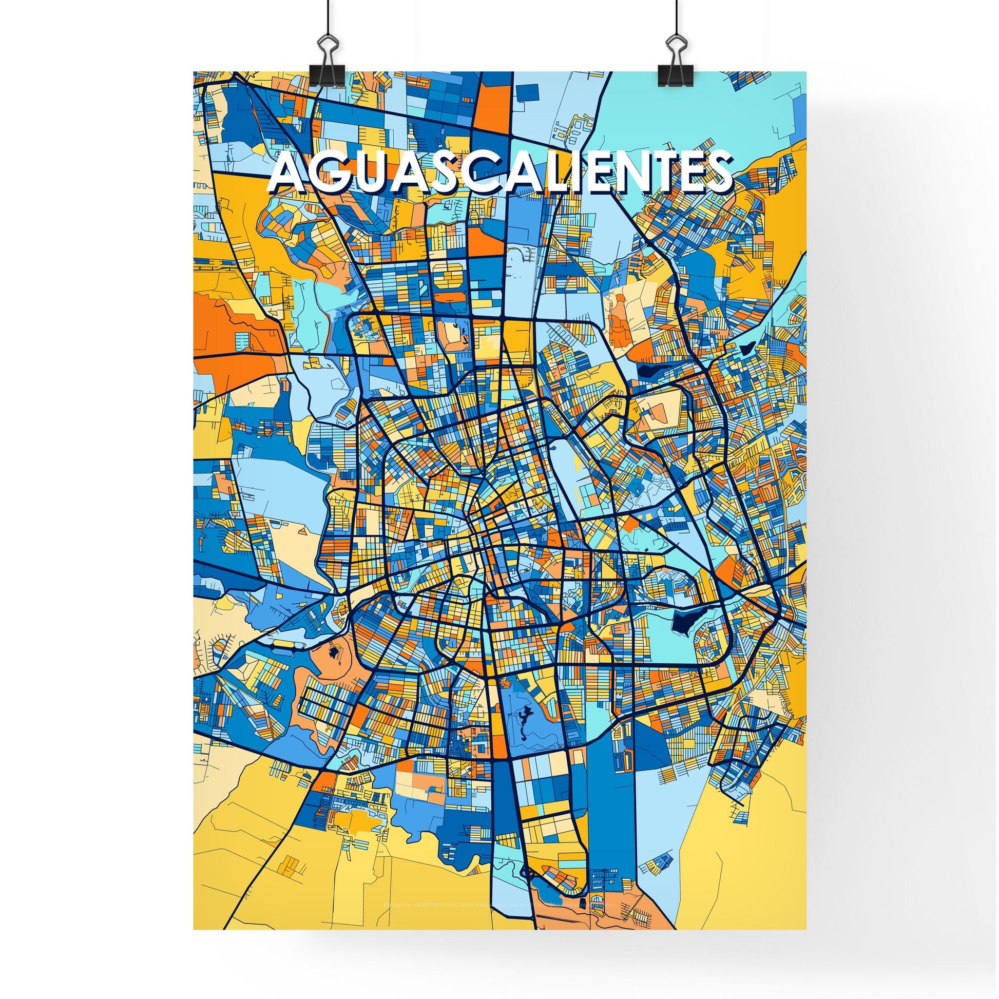 AGUASCALIENTES MEXICO Vibrant Colorful Art Map Poster Blue Orange