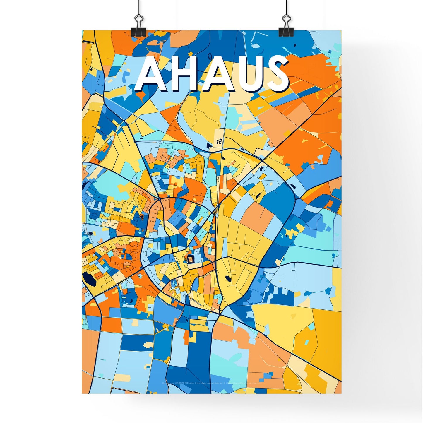 AHAUS GERMANY Vibrant Colorful Art Map Poster Blue Orange