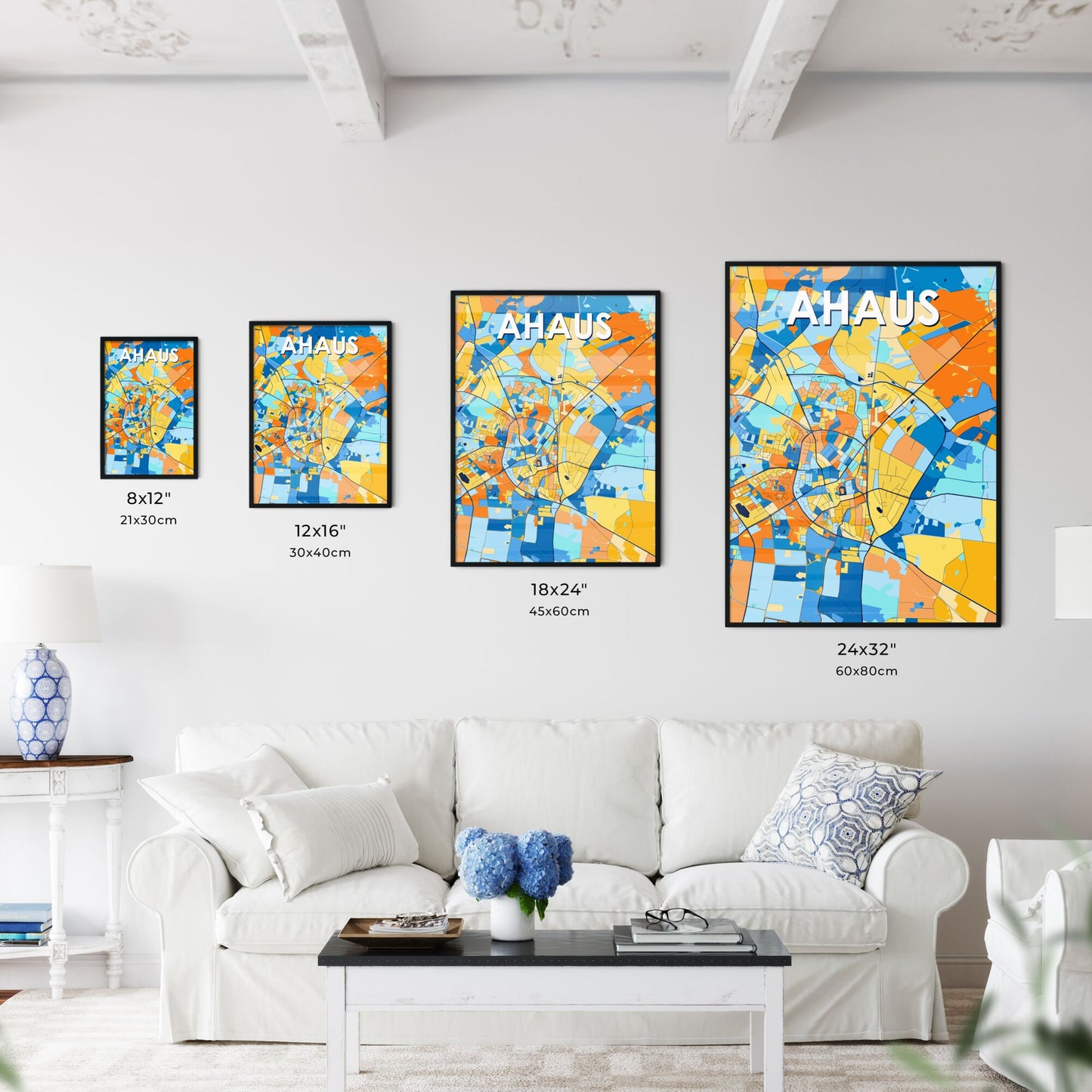 AHAUS GERMANY Vibrant Colorful Art Map Poster Blue Orange