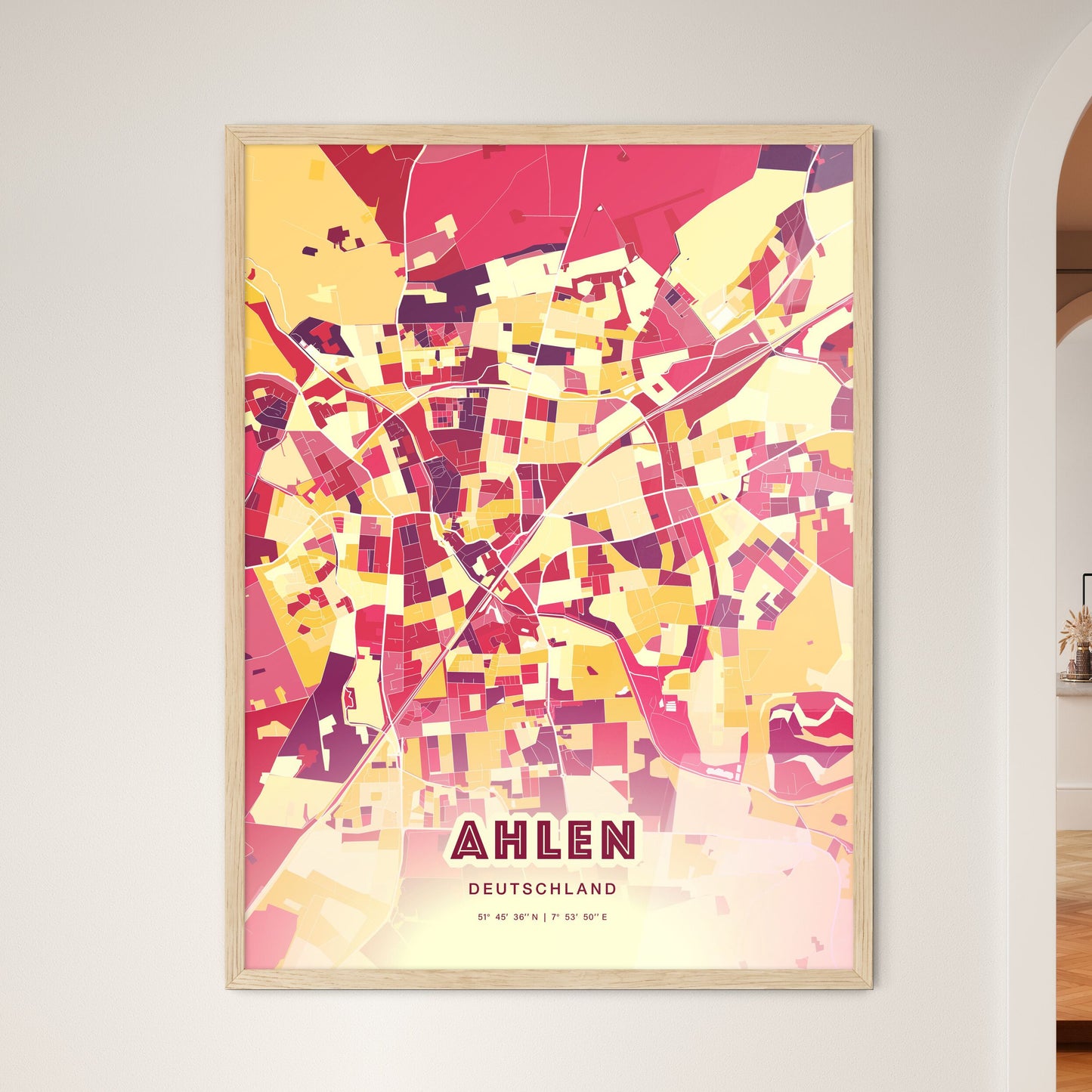 Colorful Ahlen Germany Fine Art Map Hot Red