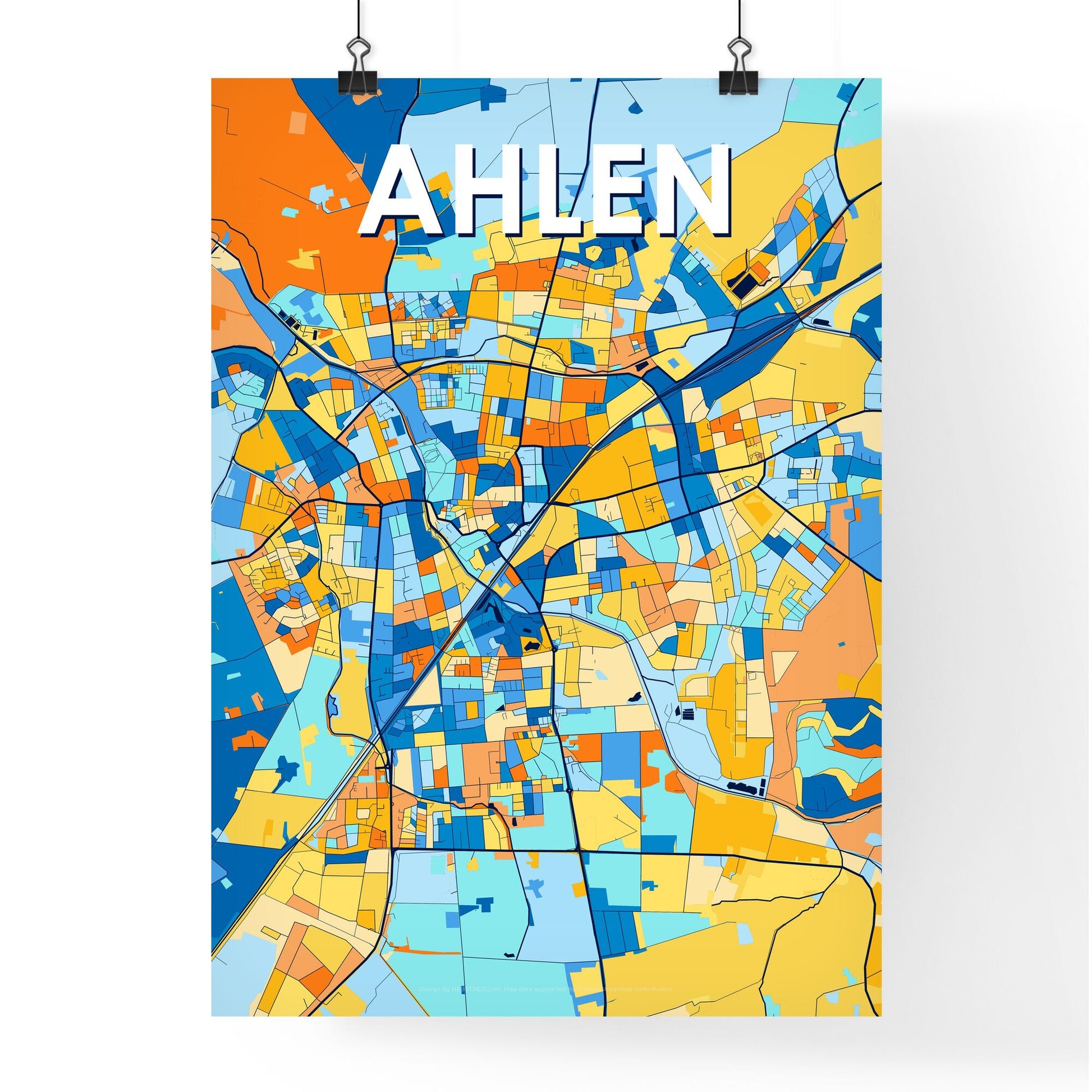 AHLEN GERMANY Vibrant Colorful Art Map Poster Blue Orange