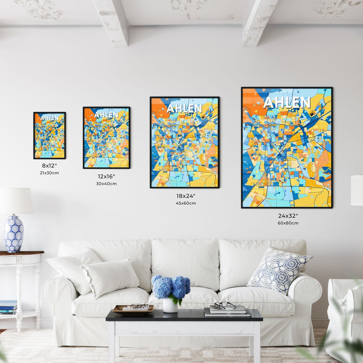 AHLEN GERMANY Vibrant Colorful Art Map Poster Blue Orange