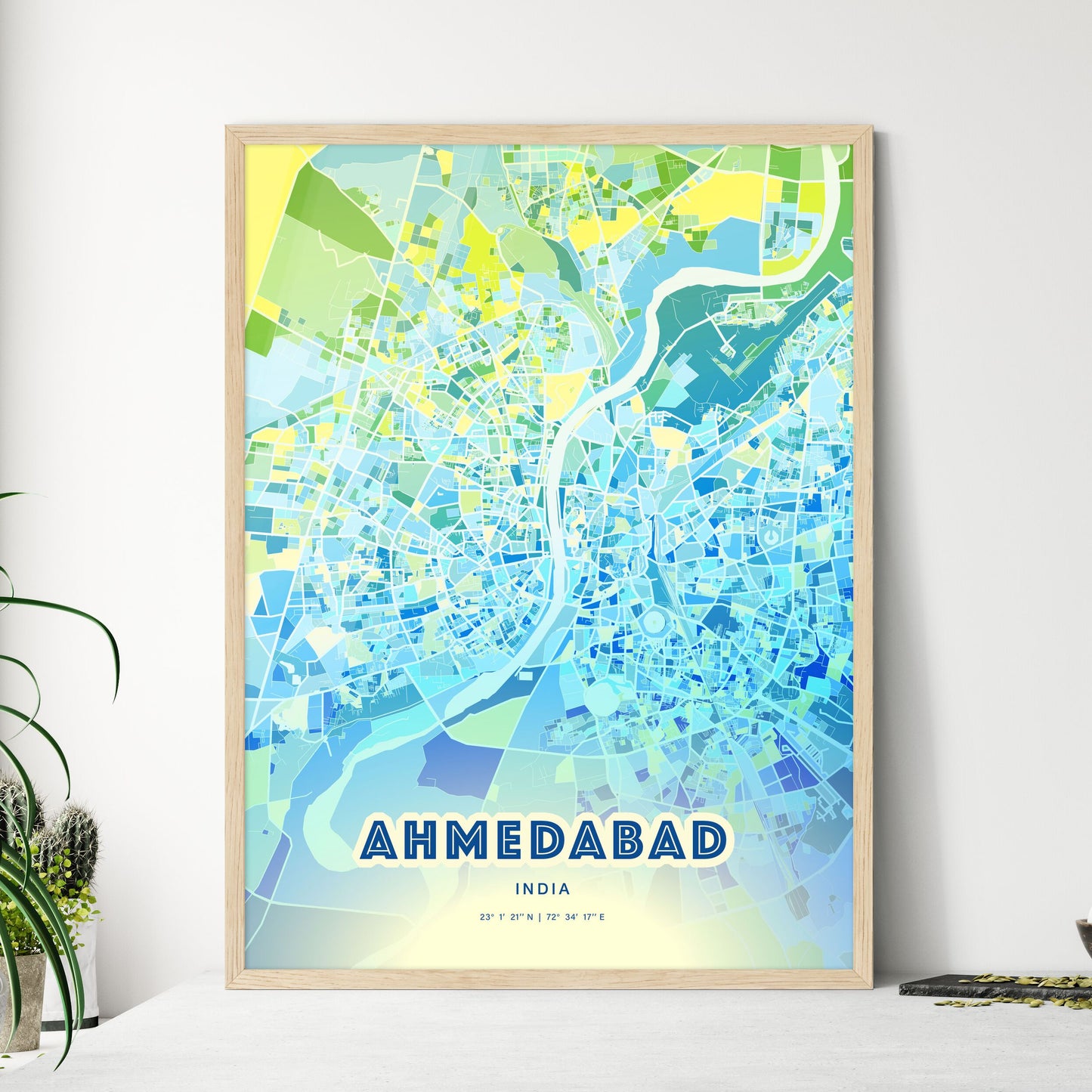 Colorful Ahmedabad India Fine Art Map Cool Blue