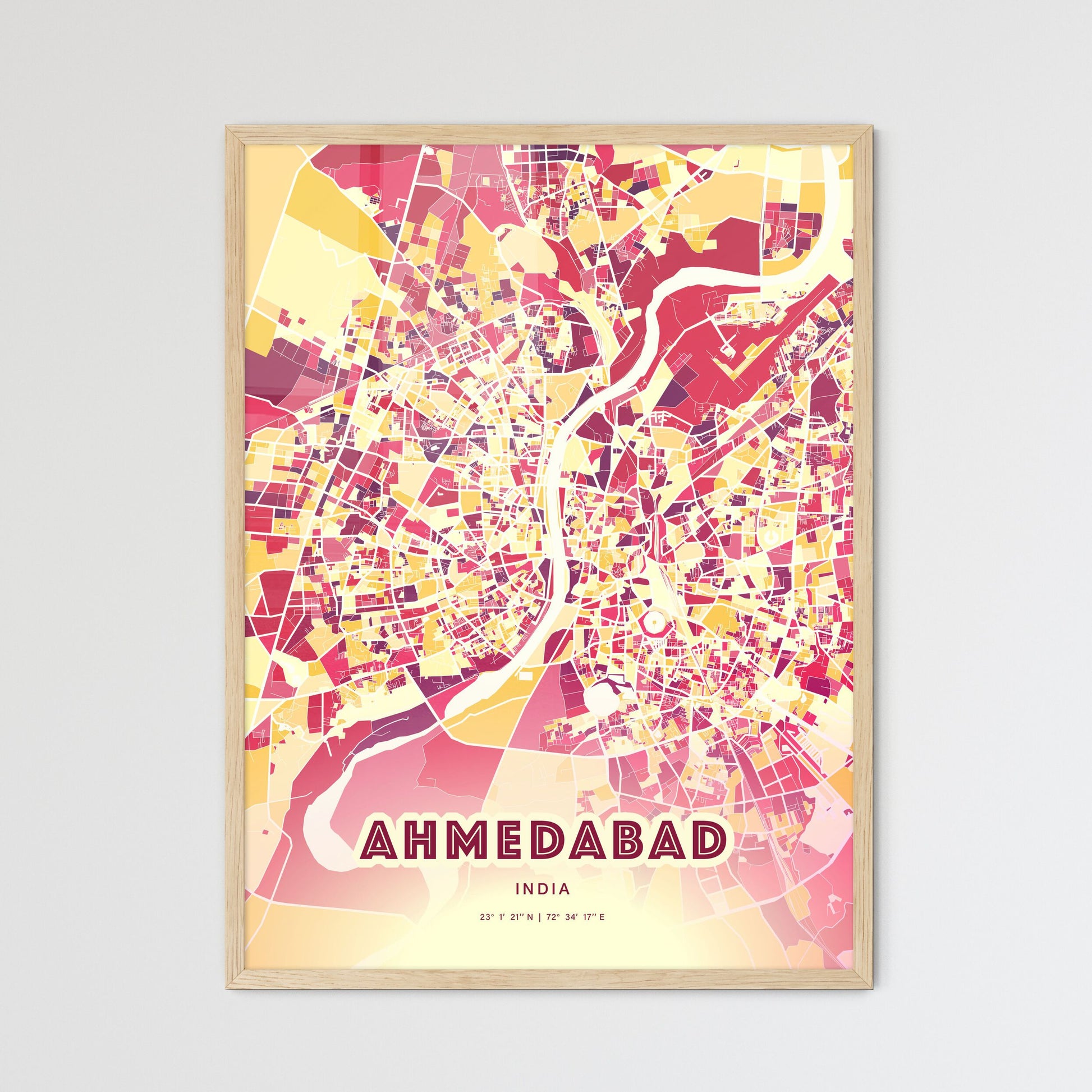 Colorful Ahmedabad India Fine Art Map Hot Red