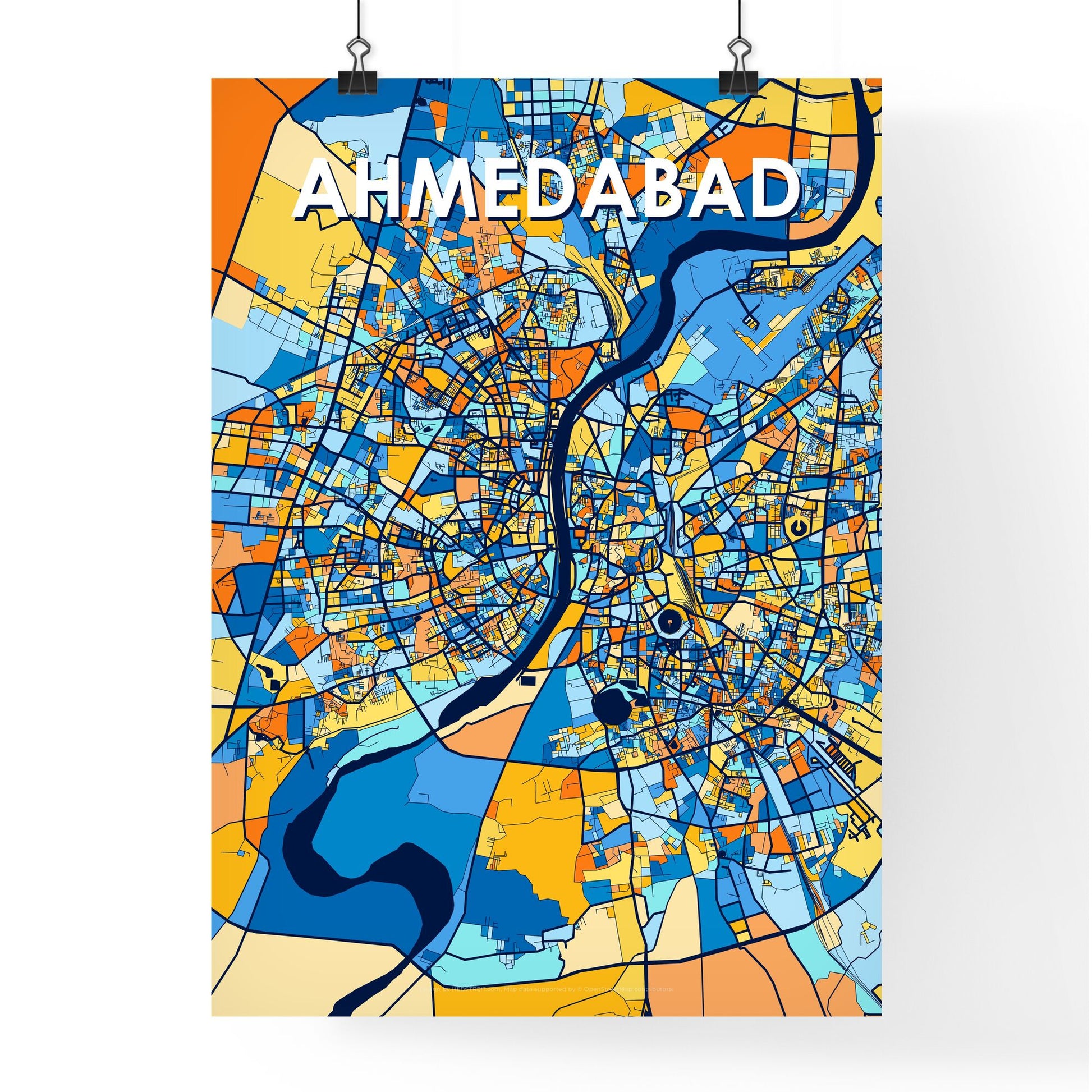 AHMEDABAD INDIA Vibrant Colorful Art Map Poster Blue Orange