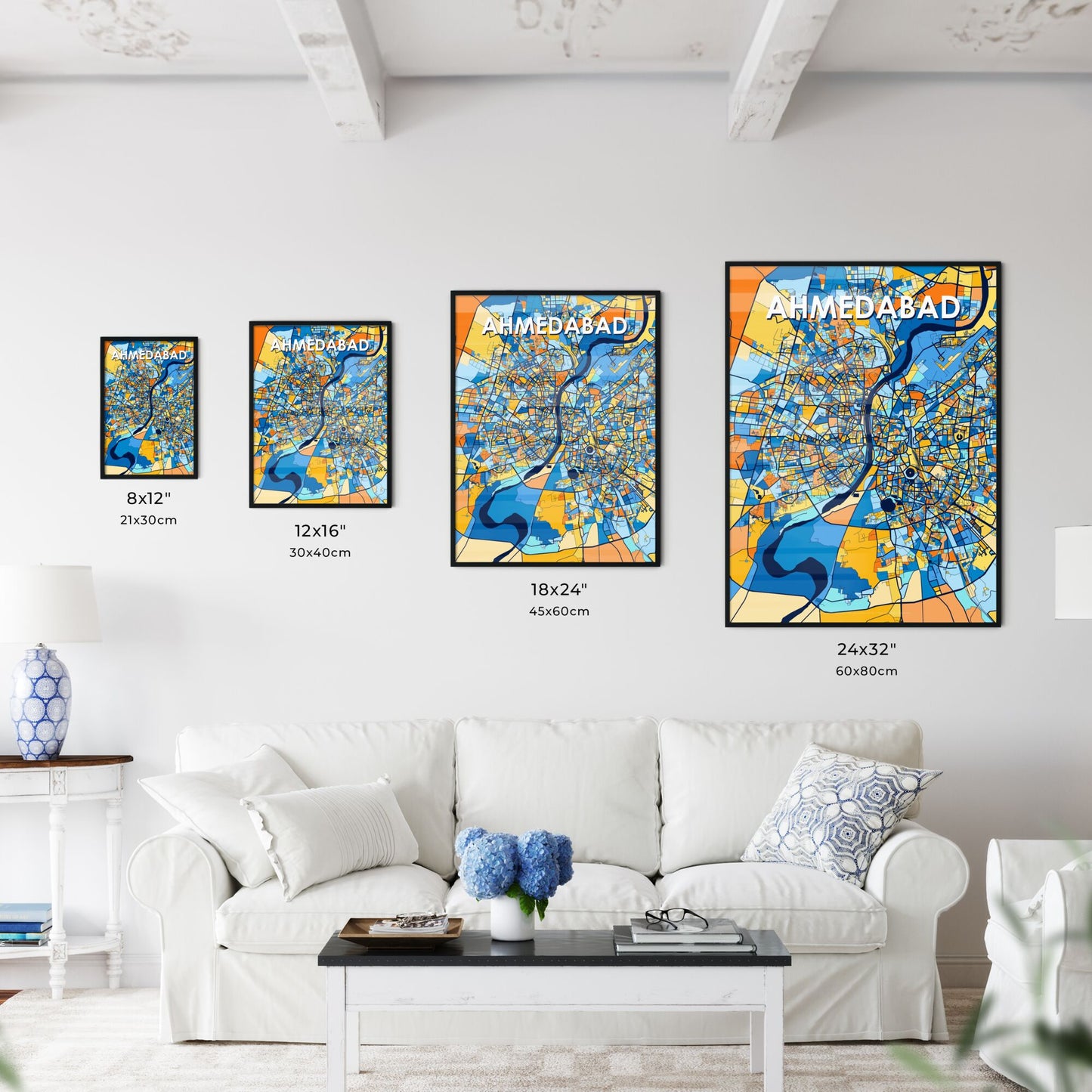 AHMEDABAD INDIA Vibrant Colorful Art Map Poster Blue Orange