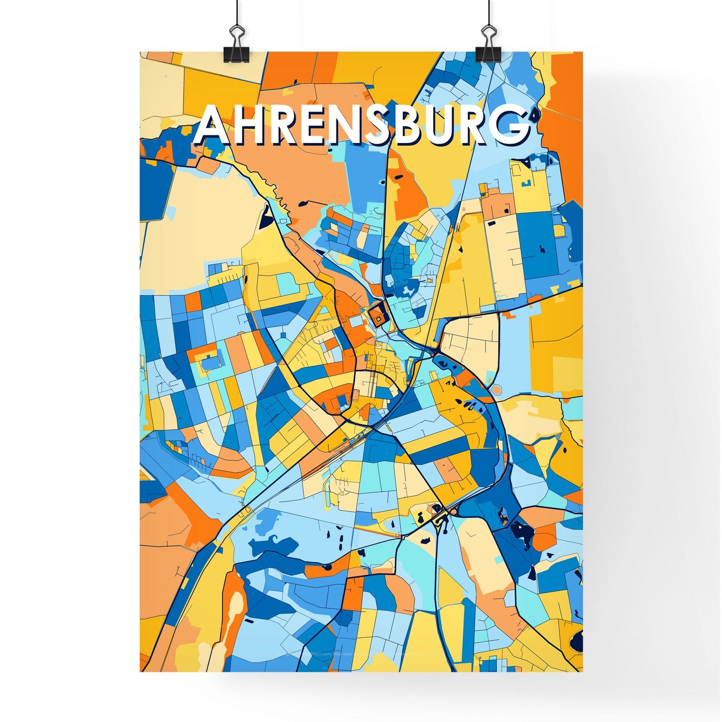 AHRENSBURG GERMANY Vibrant Colorful Art Map Poster Blue Orange