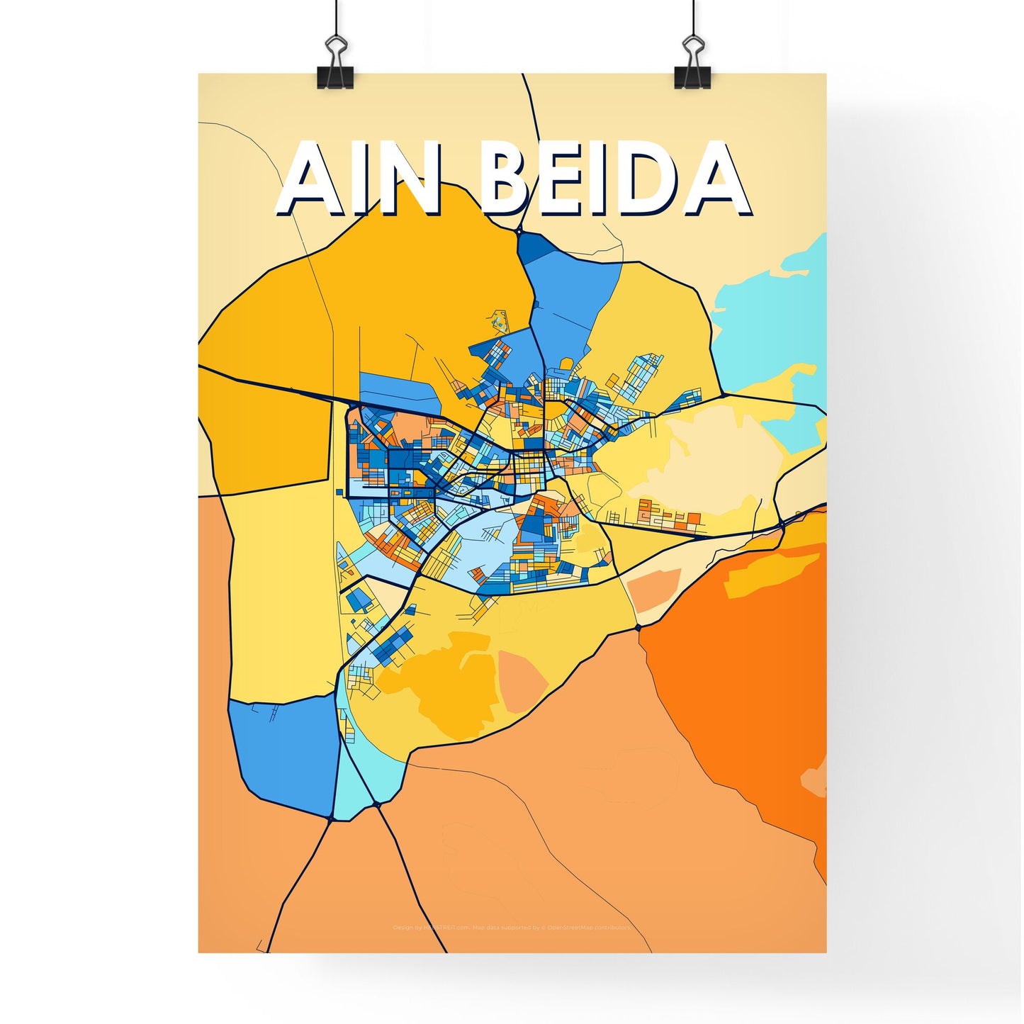 AIN BEIDA ALGERIA Vibrant Colorful Art Map Poster Blue Orange