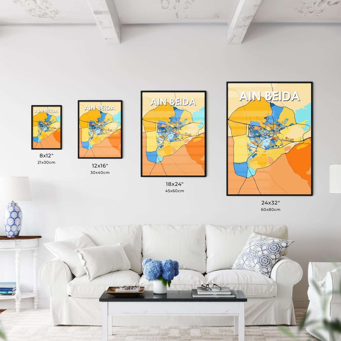 AIN BEIDA ALGERIA Vibrant Colorful Art Map Poster Blue Orange