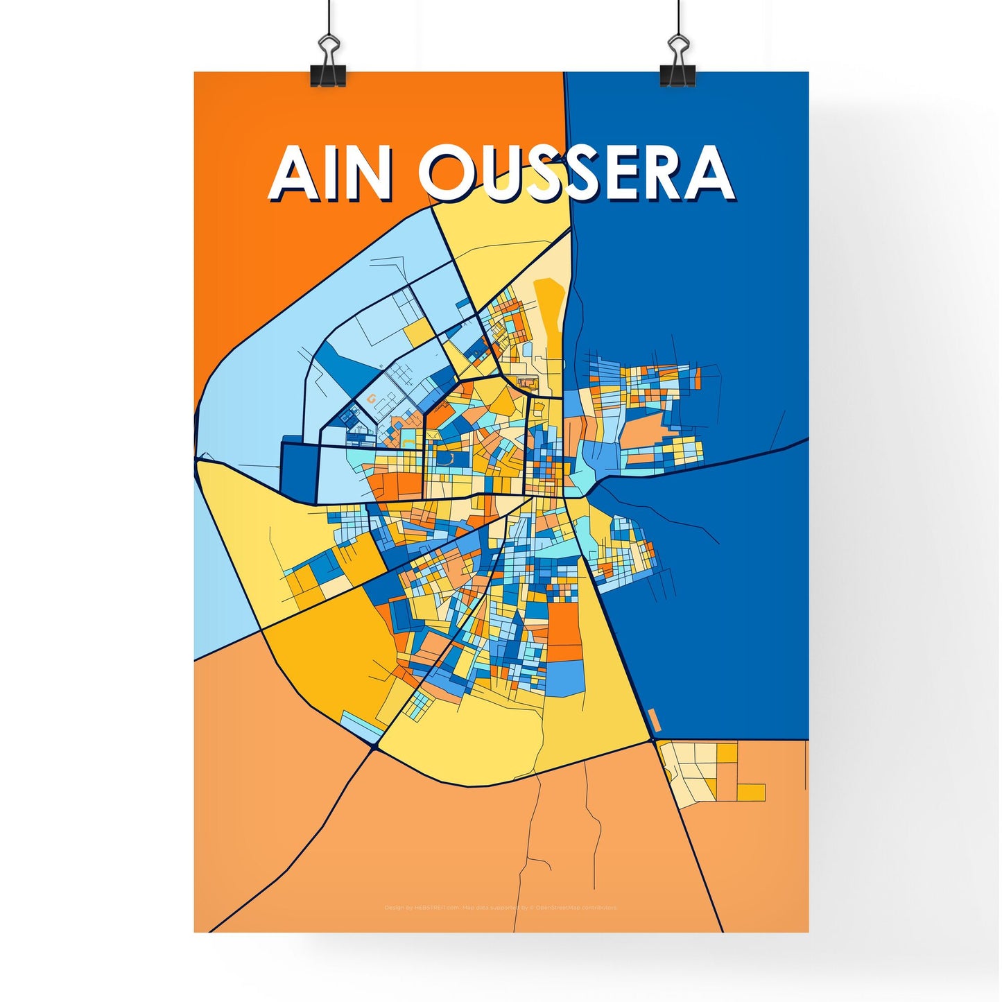 AIN OUSSERA ALGERIA Vibrant Colorful Art Map Poster Blue Orange