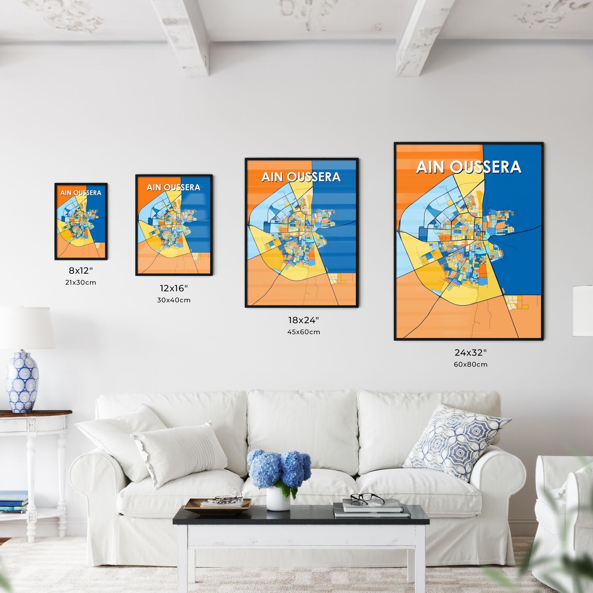 AIN OUSSERA ALGERIA Vibrant Colorful Art Map Poster Blue Orange