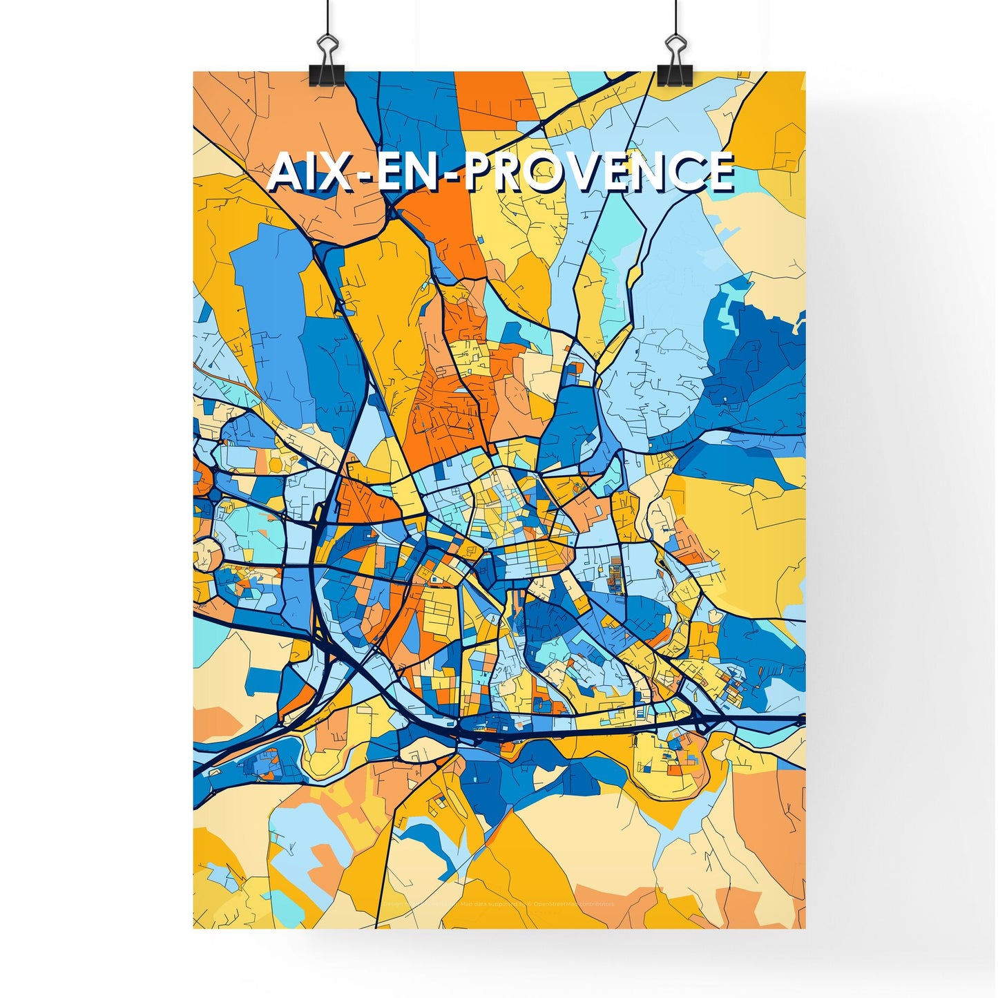 AIX-EN-PROVENCE FRANCE Vibrant Colorful Art Map Poster Blue Orange