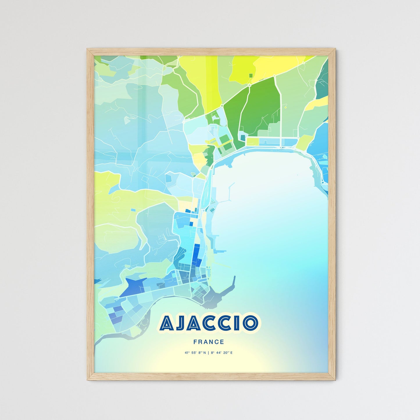 Colorful Ajaccio France Fine Art Map Cool Blue