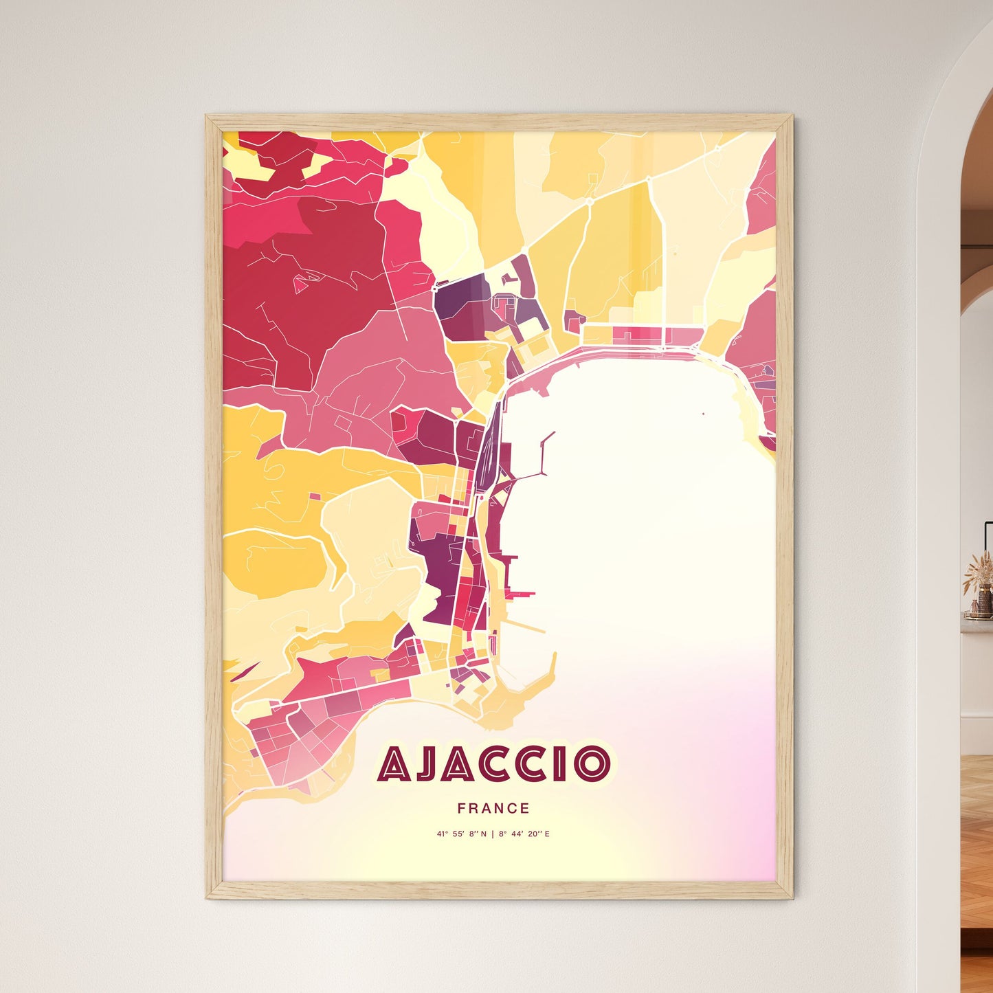 Colorful Ajaccio France Fine Art Map Hot Red