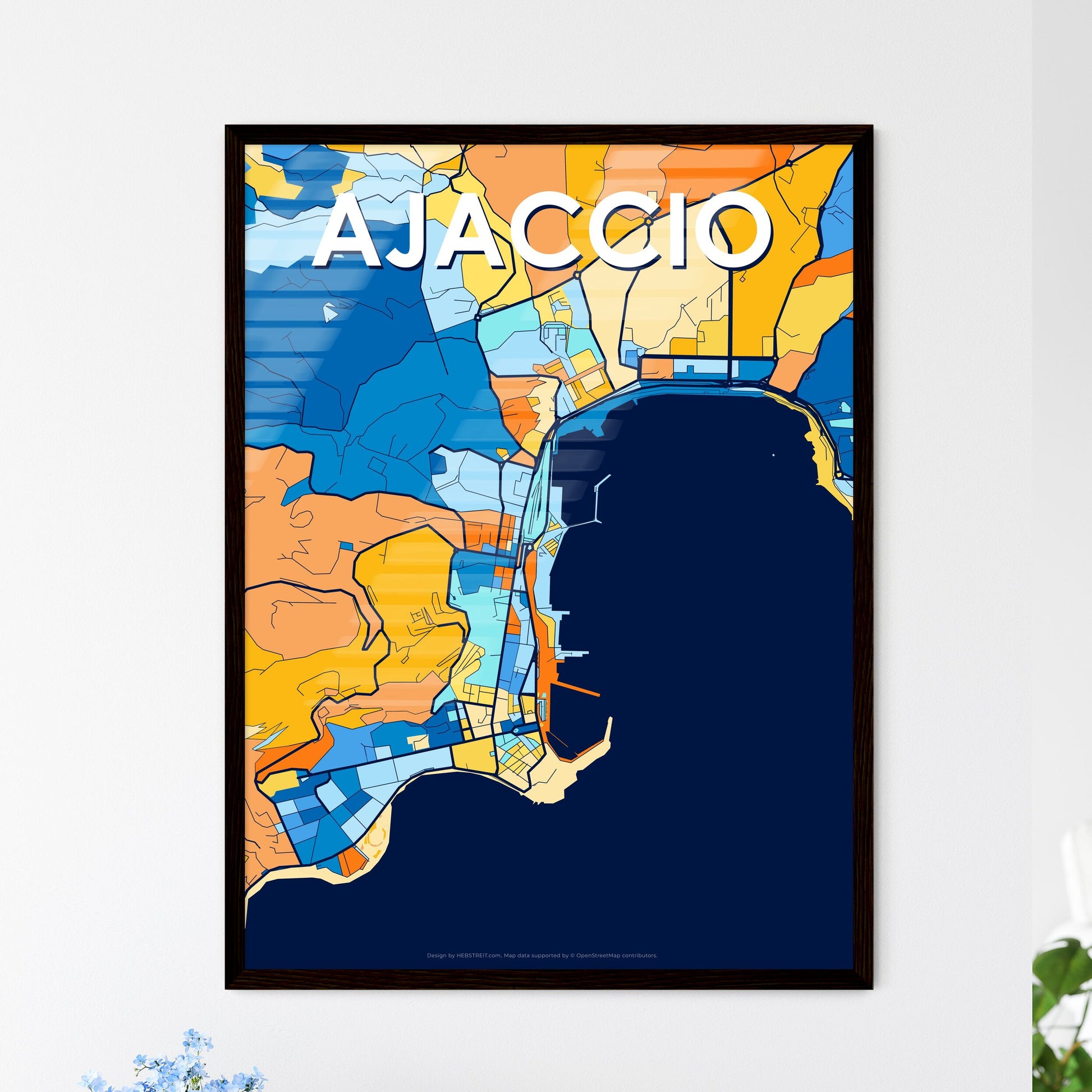 AJACCIO FRANCE Vibrant Colorful Art Map Poster Blue Orange