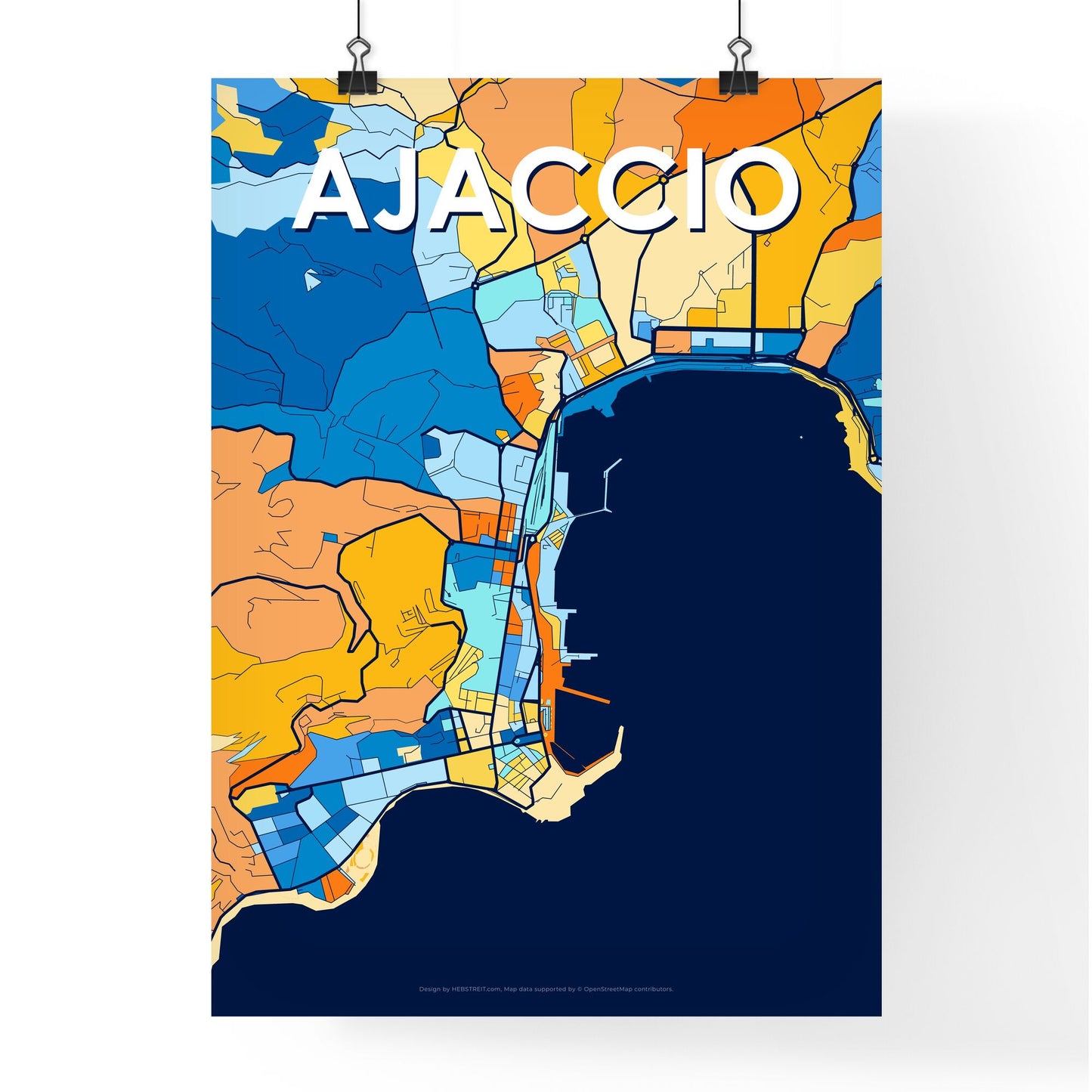 AJACCIO FRANCE Vibrant Colorful Art Map Poster Blue Orange