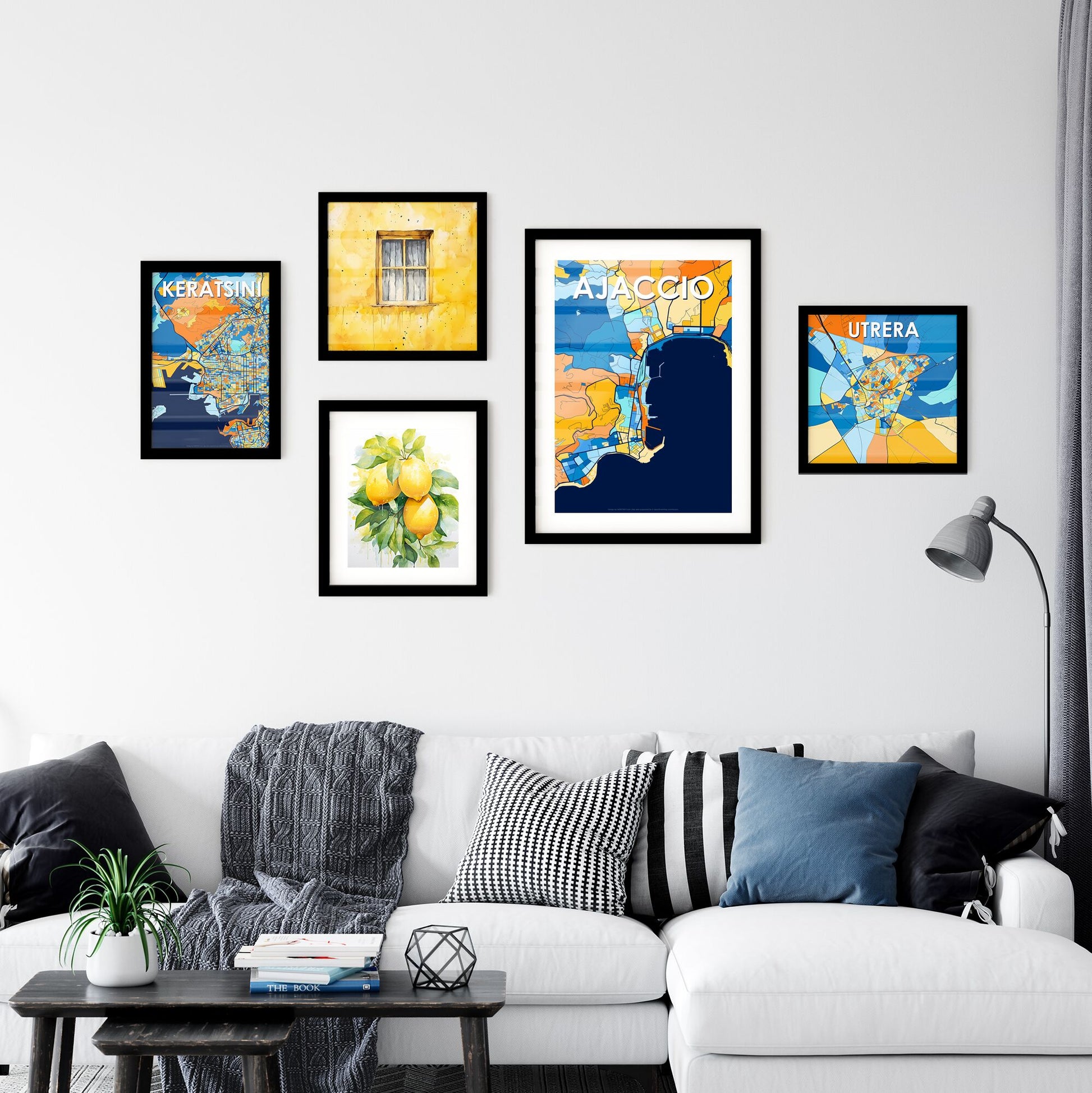 AJACCIO FRANCE Vibrant Colorful Art Map Poster Blue Orange