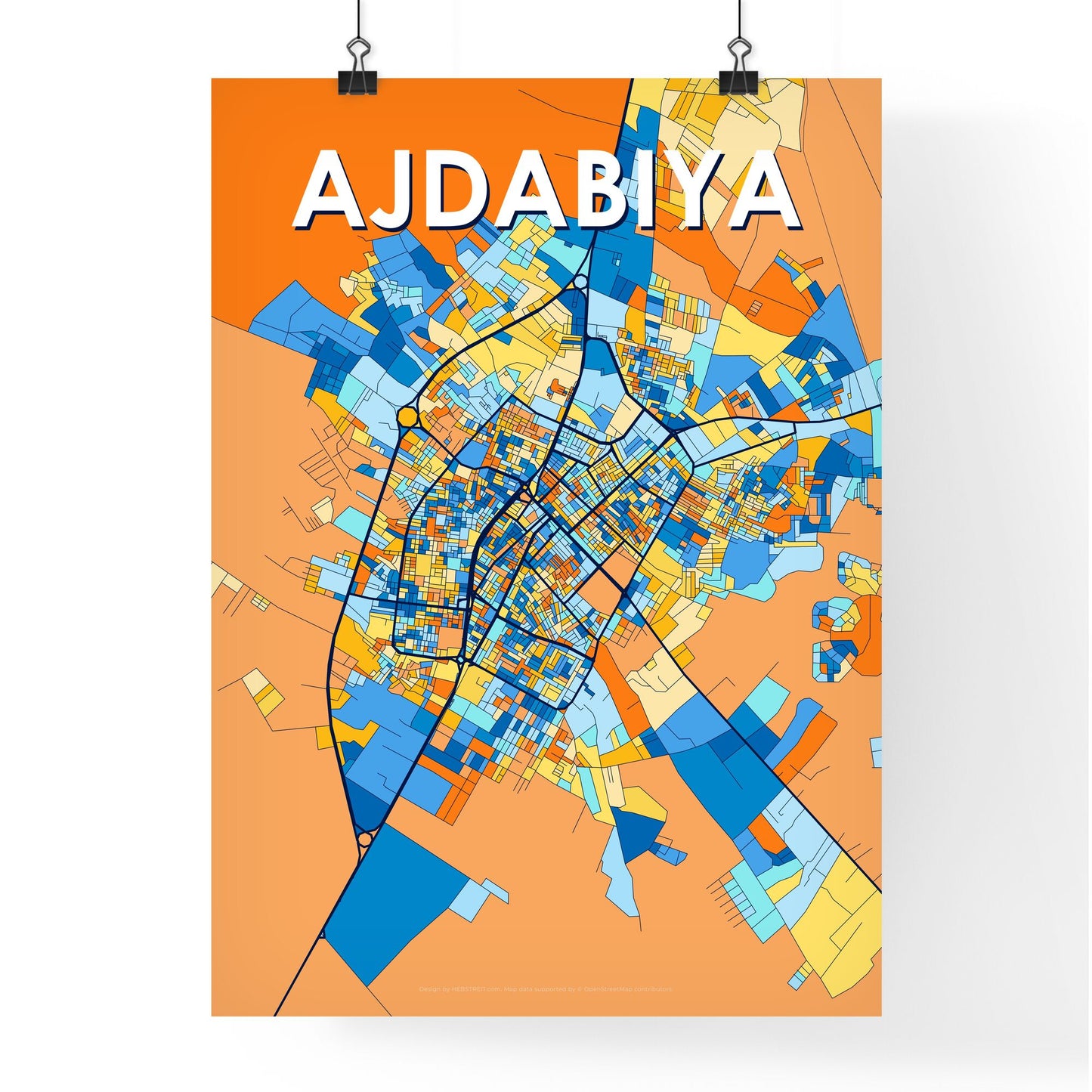 AJDABIYA LIBYA Vibrant Colorful Art Map Poster Blue Orange