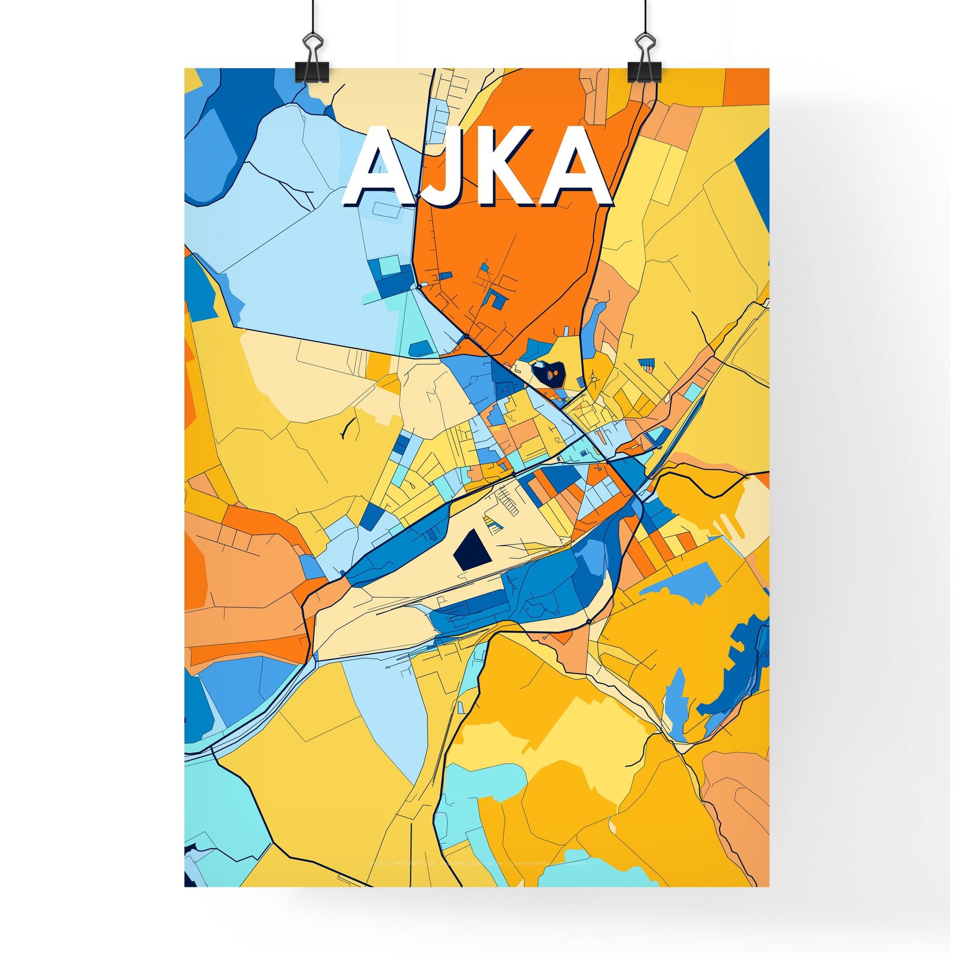 AJKA HUNGARY Vibrant Colorful Art Map Poster Blue Orange