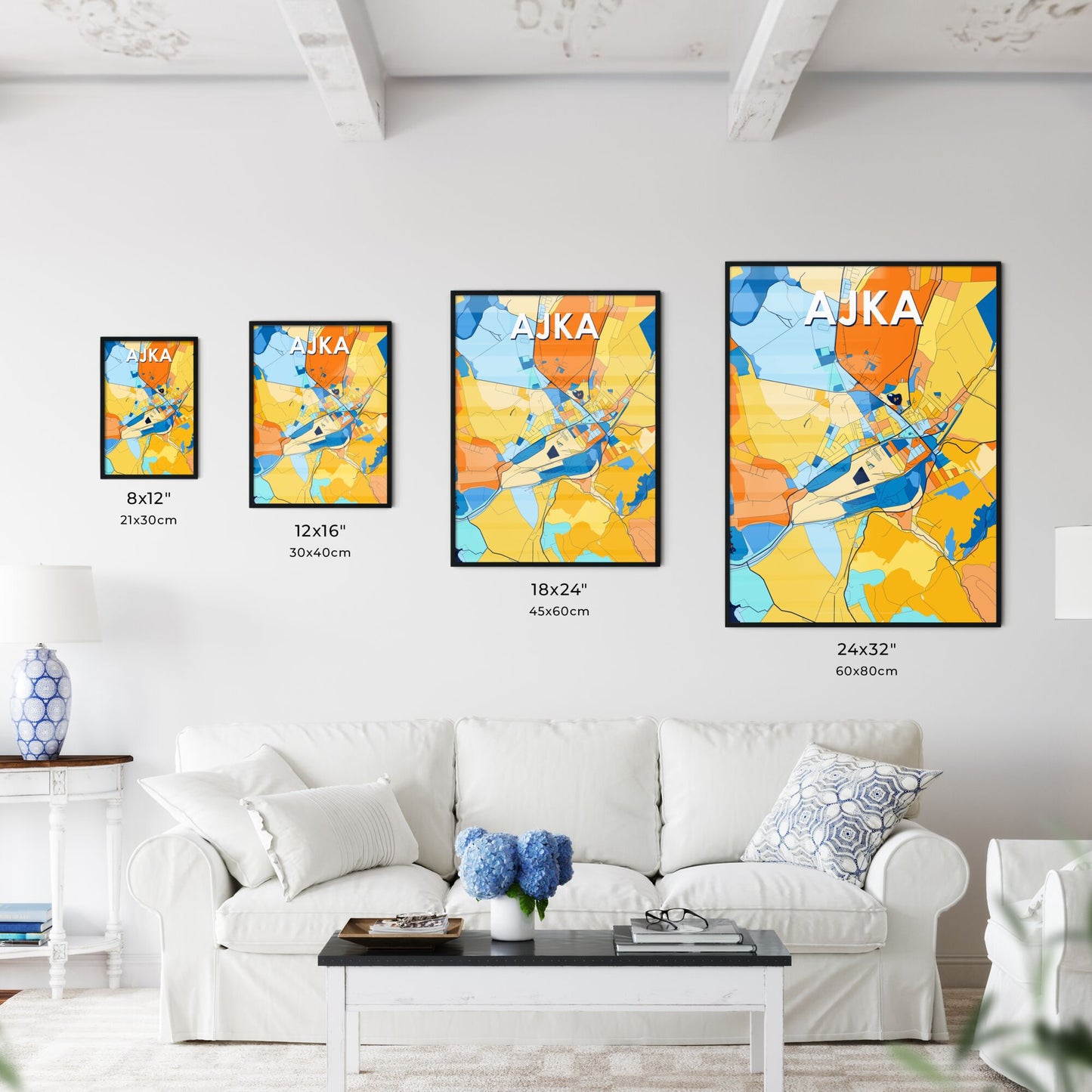 AJKA HUNGARY Vibrant Colorful Art Map Poster Blue Orange