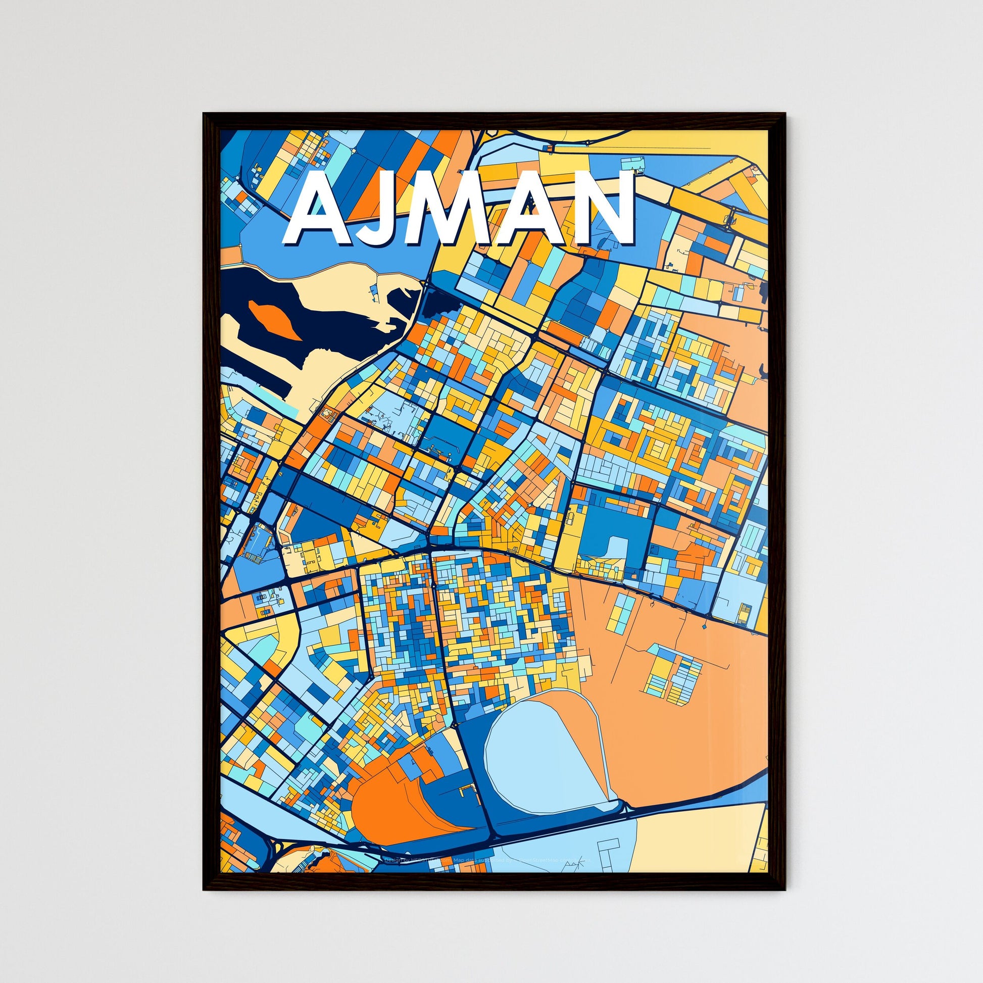 AJMAN UNITED ARAB EMIRATES Vibrant Colorful Art Map Poster Blue Orange