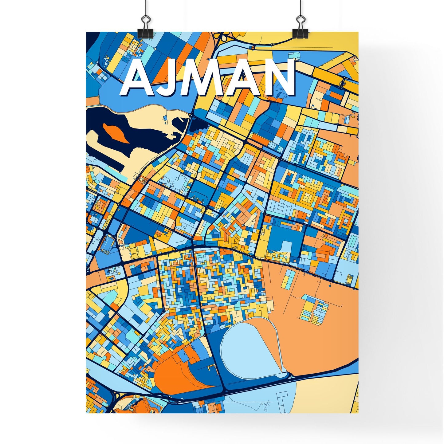 AJMAN UNITED ARAB EMIRATES Vibrant Colorful Art Map Poster Blue Orange