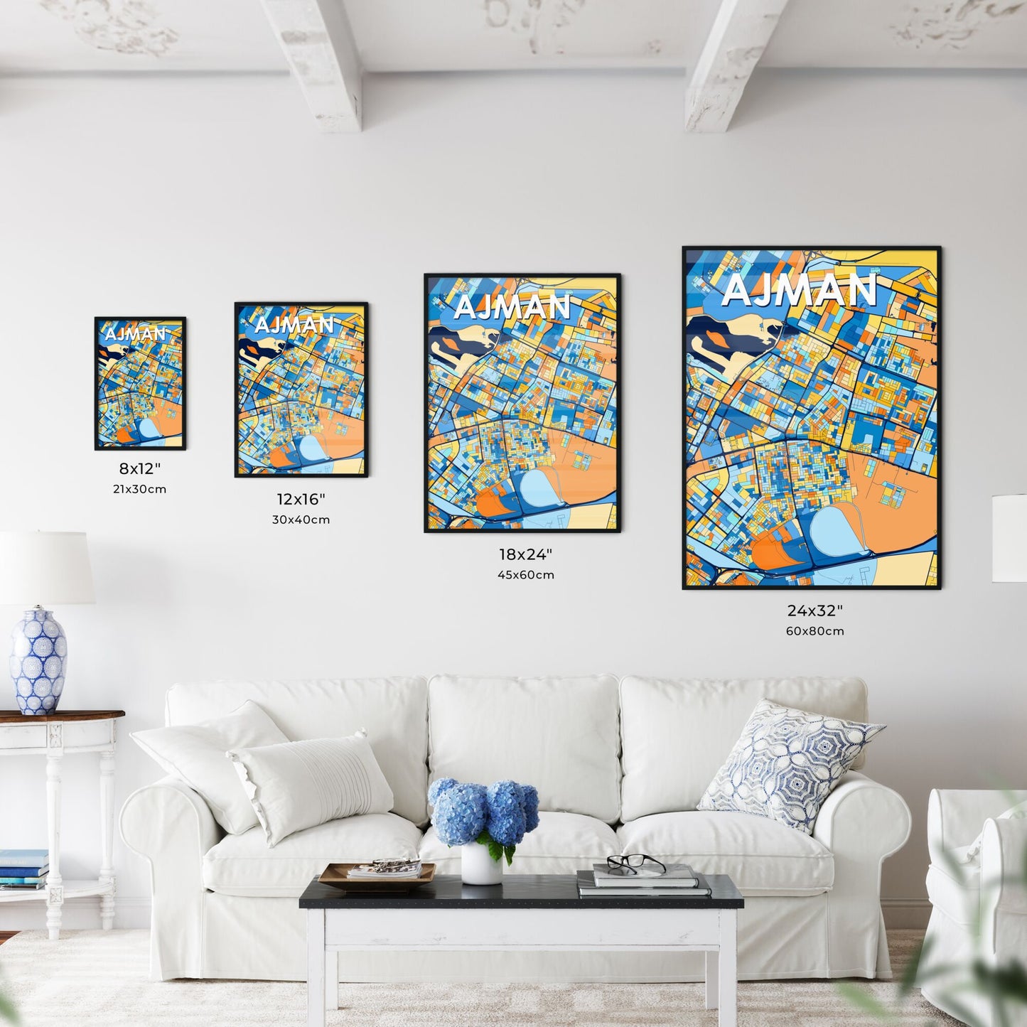 AJMAN UNITED ARAB EMIRATES Vibrant Colorful Art Map Poster Blue Orange