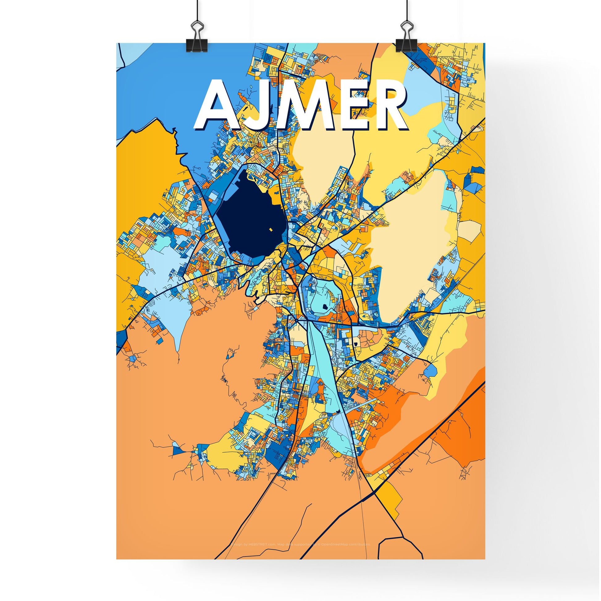 AJMER INDIA Vibrant Colorful Art Map Poster Blue Orange