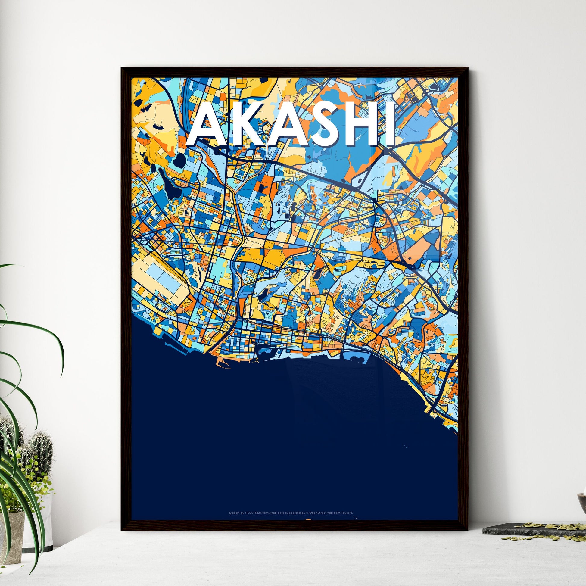 AKASHI JAPAN Vibrant Colorful Art Map Poster Blue Orange