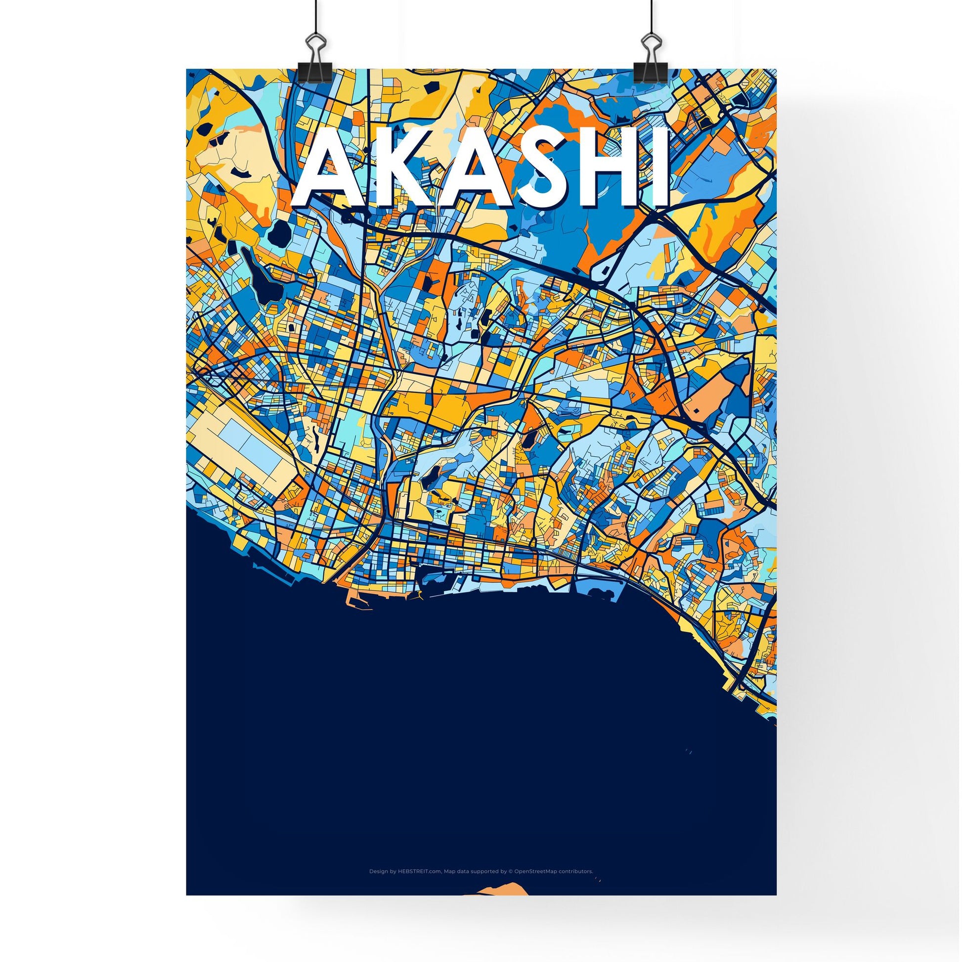 AKASHI JAPAN Vibrant Colorful Art Map Poster Blue Orange