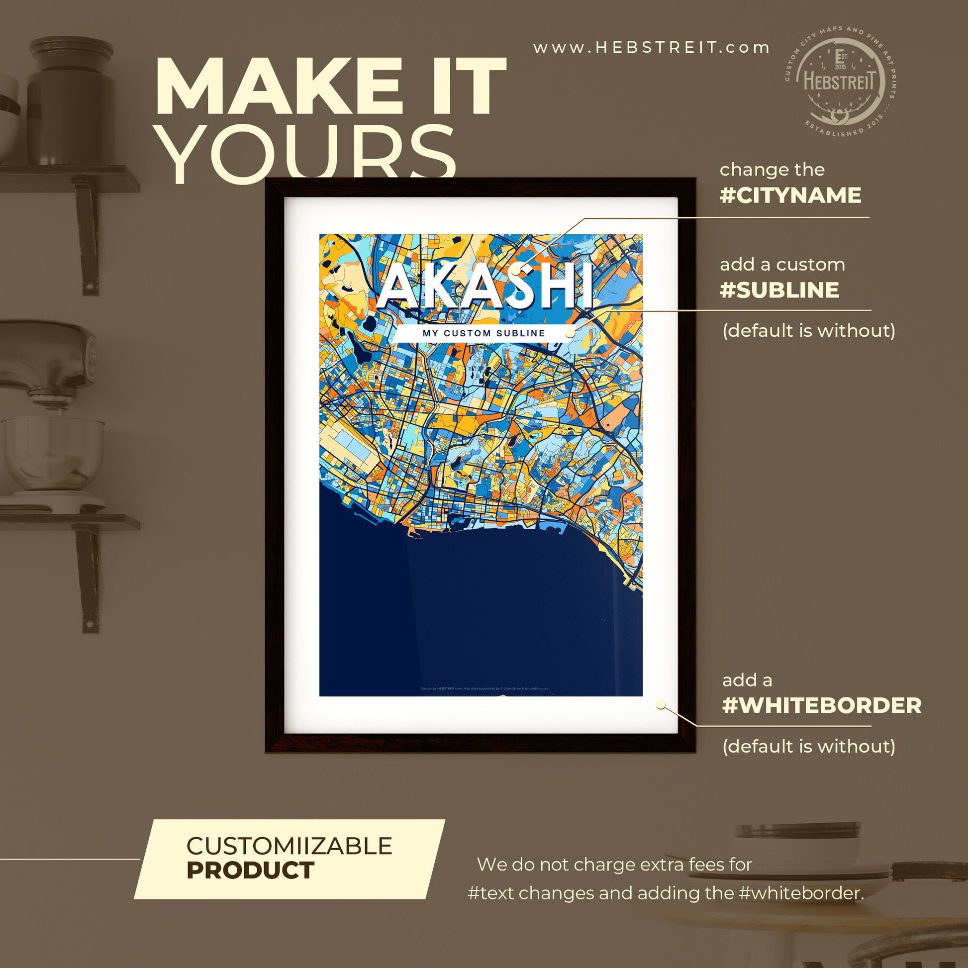 AKASHI JAPAN Vibrant Colorful Art Map Poster Blue Orange