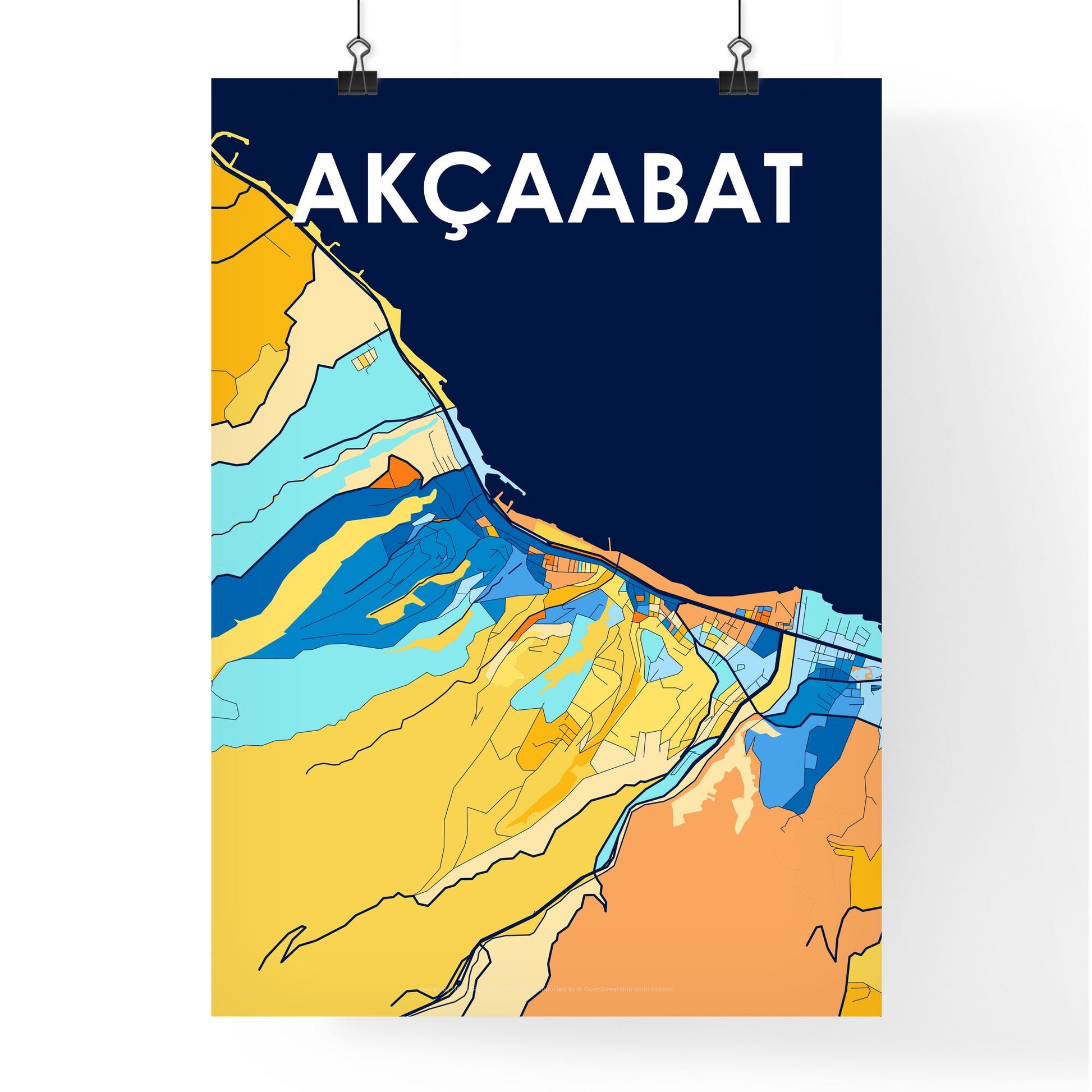 AKÇAABAT TURKEY Vibrant Colorful Art Map Poster Blue Orange