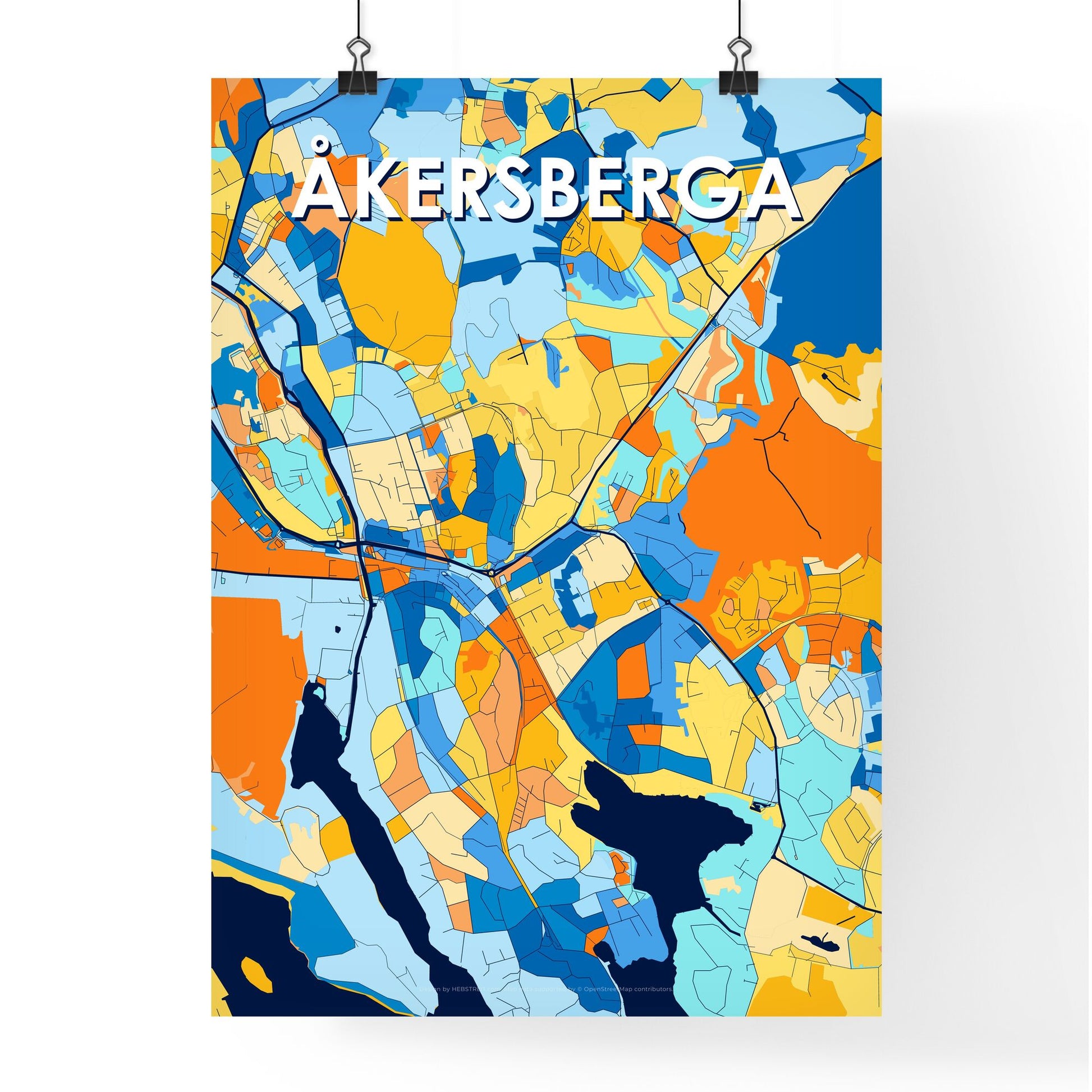 ÅKERSBERGA SWEDEN Vibrant Colorful Art Map Poster Blue Orange